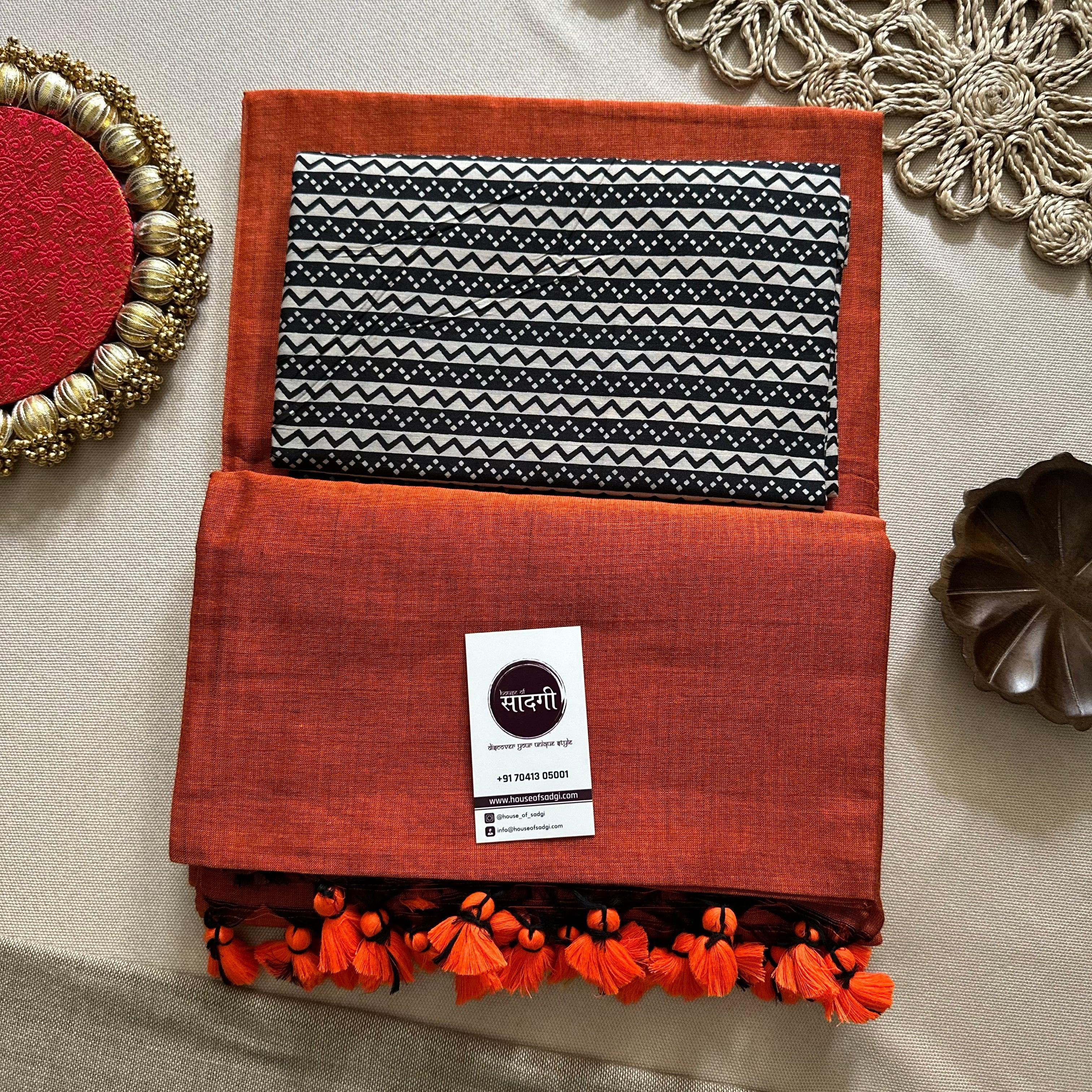 Orange Handloom Khadi Cotton Saree With Black Printed Blouse - House Of Sadgi