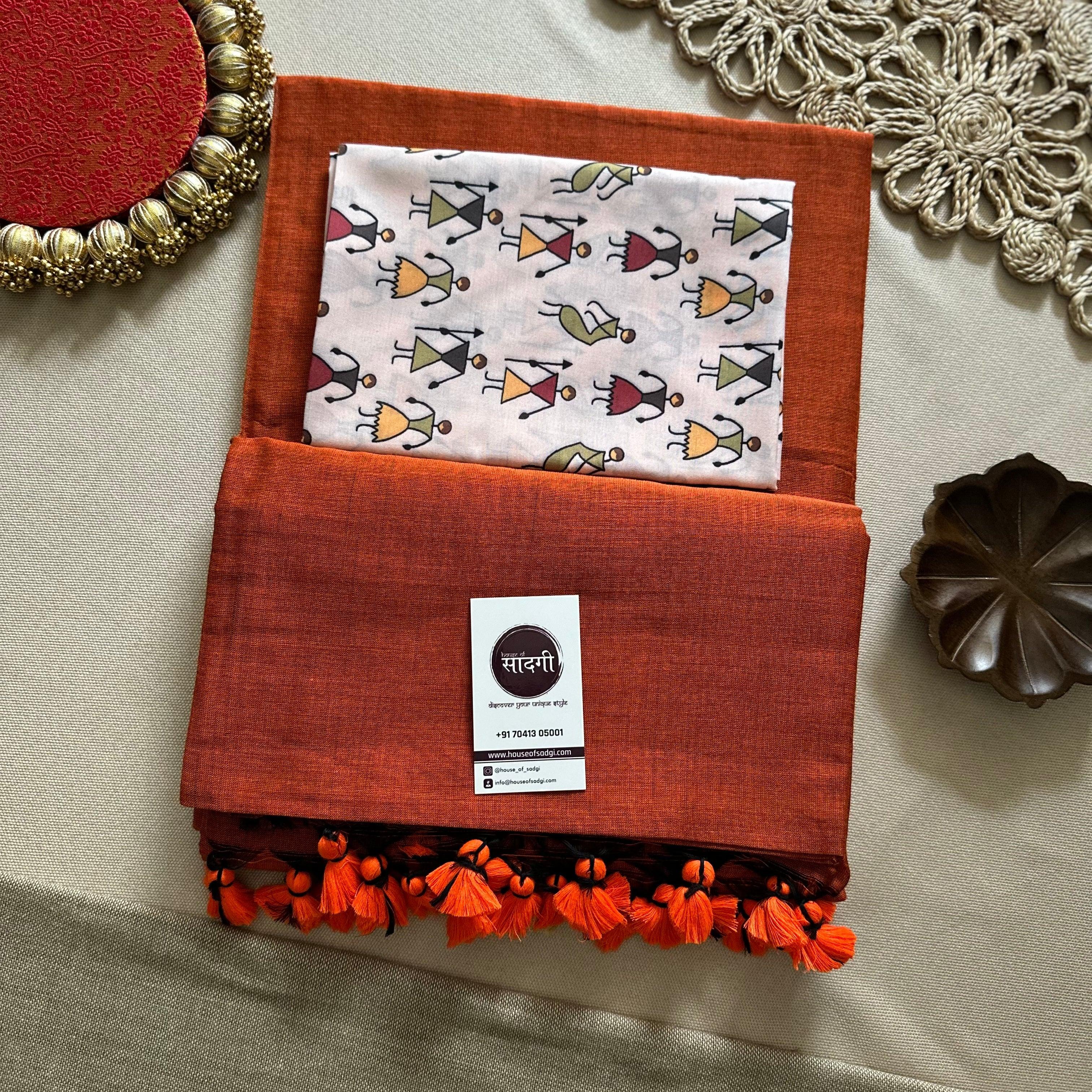 Orange Handloom Khadi Cotton Saree With Off White Printed Blouse - House Of Sadgi