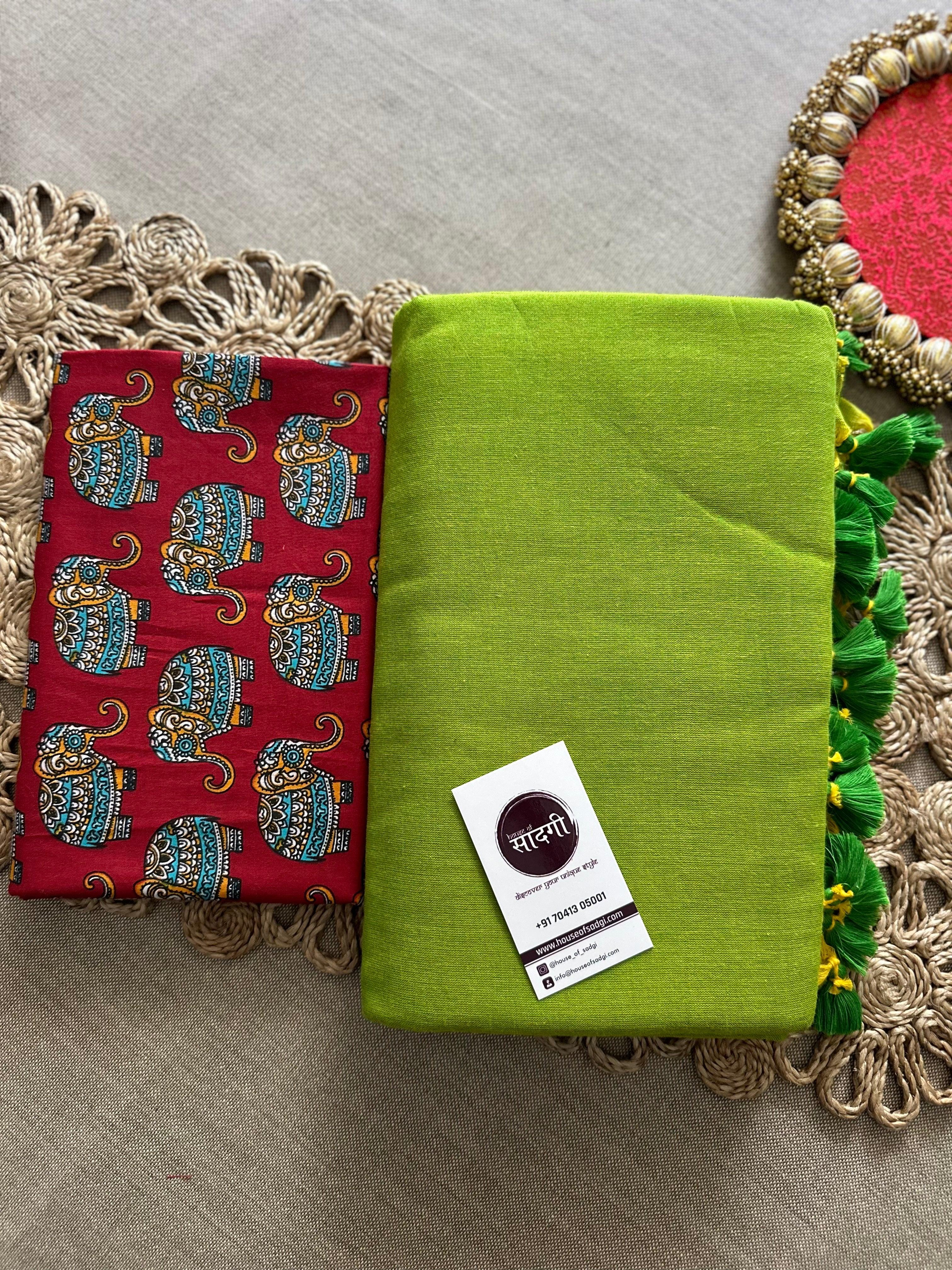 Perrot Green Handloom Khadi Cotton Saree With Red Elephant Print Blouse - House Of Sadgi