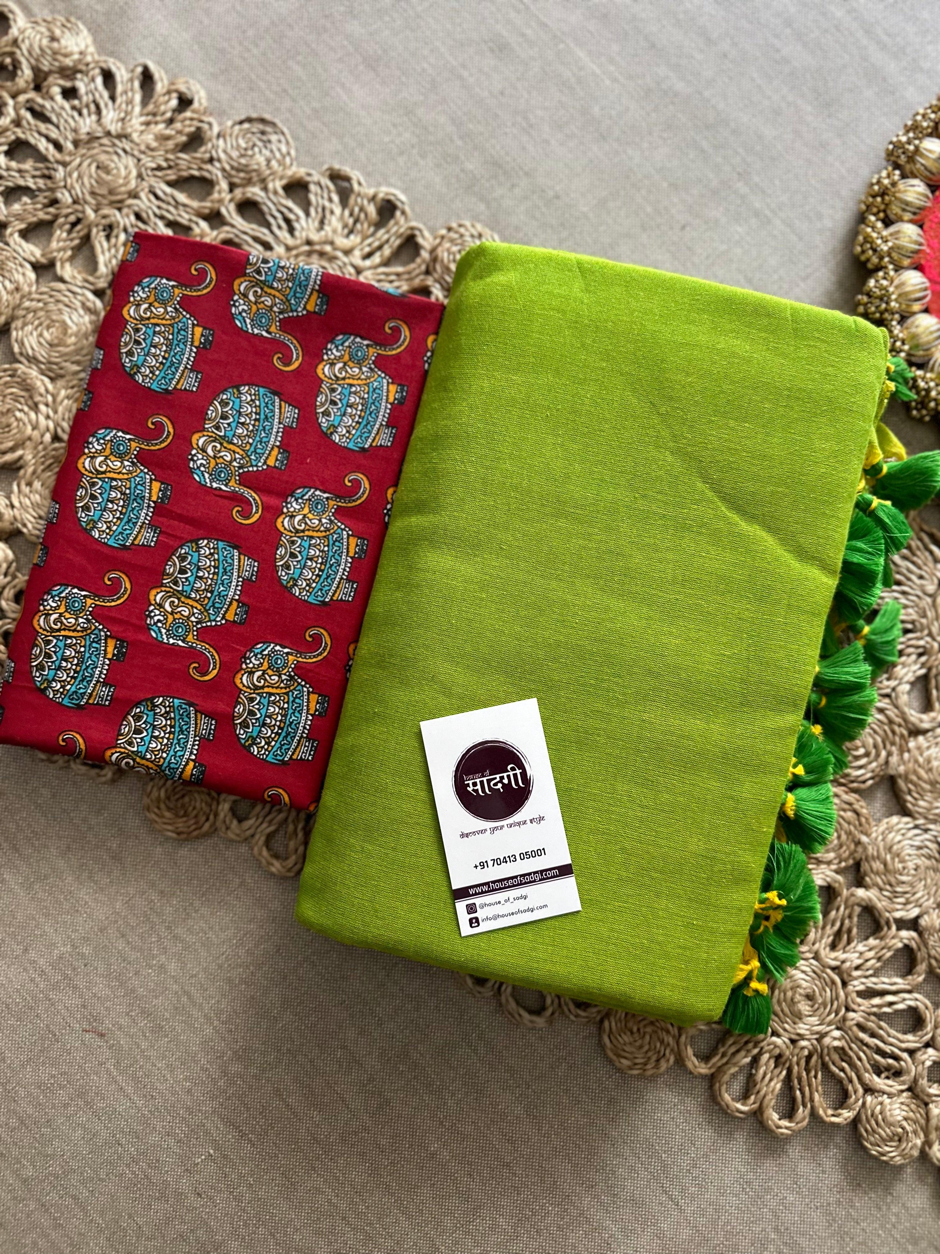 Perrot Green Handloom Khadi Cotton Saree With Red Elephant Print Blouse - House Of Sadgi