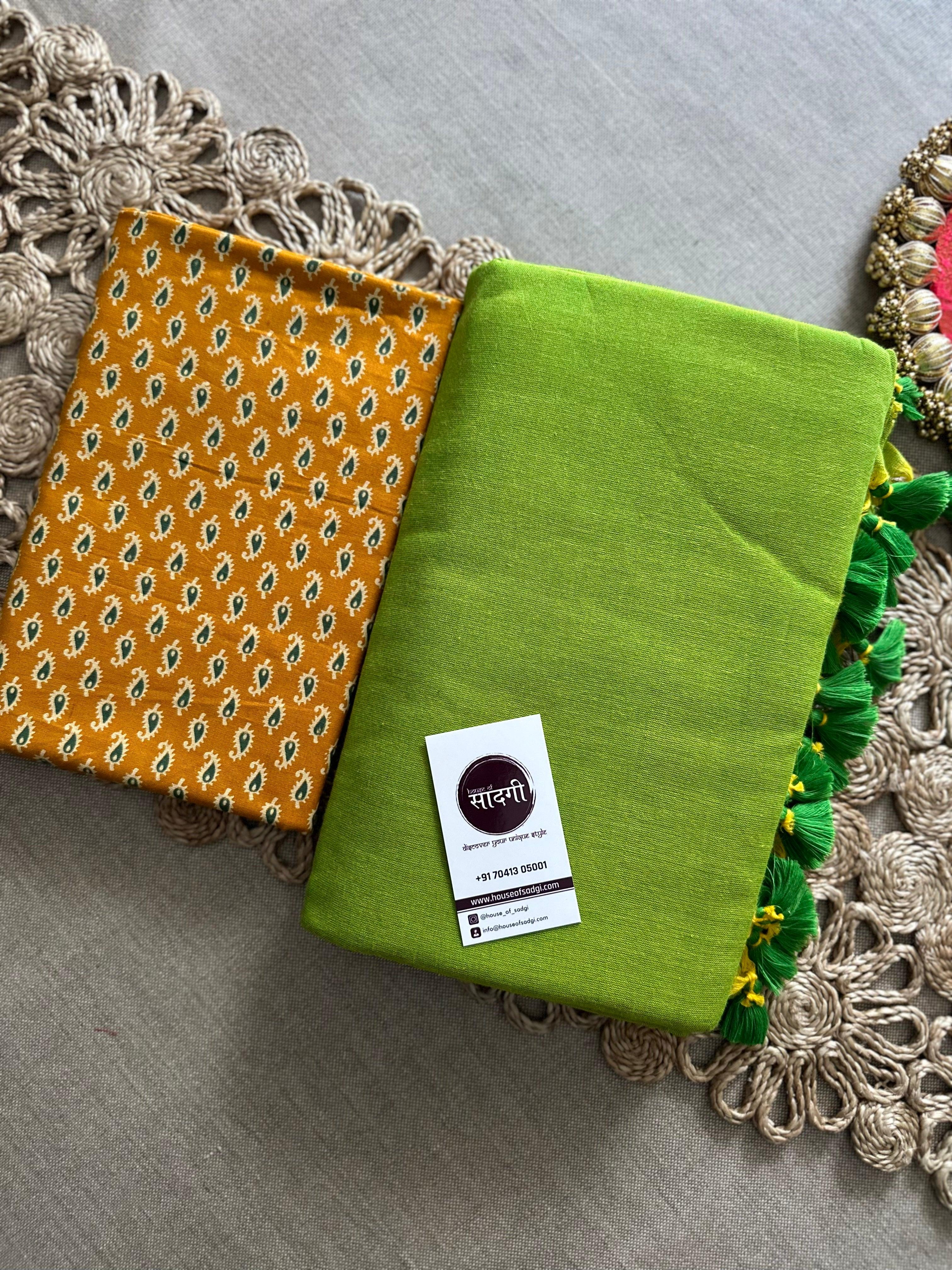 Perrot Green Handloom Khadi Cotton Saree With Yellow Printed Blouse - House Of Sadgi