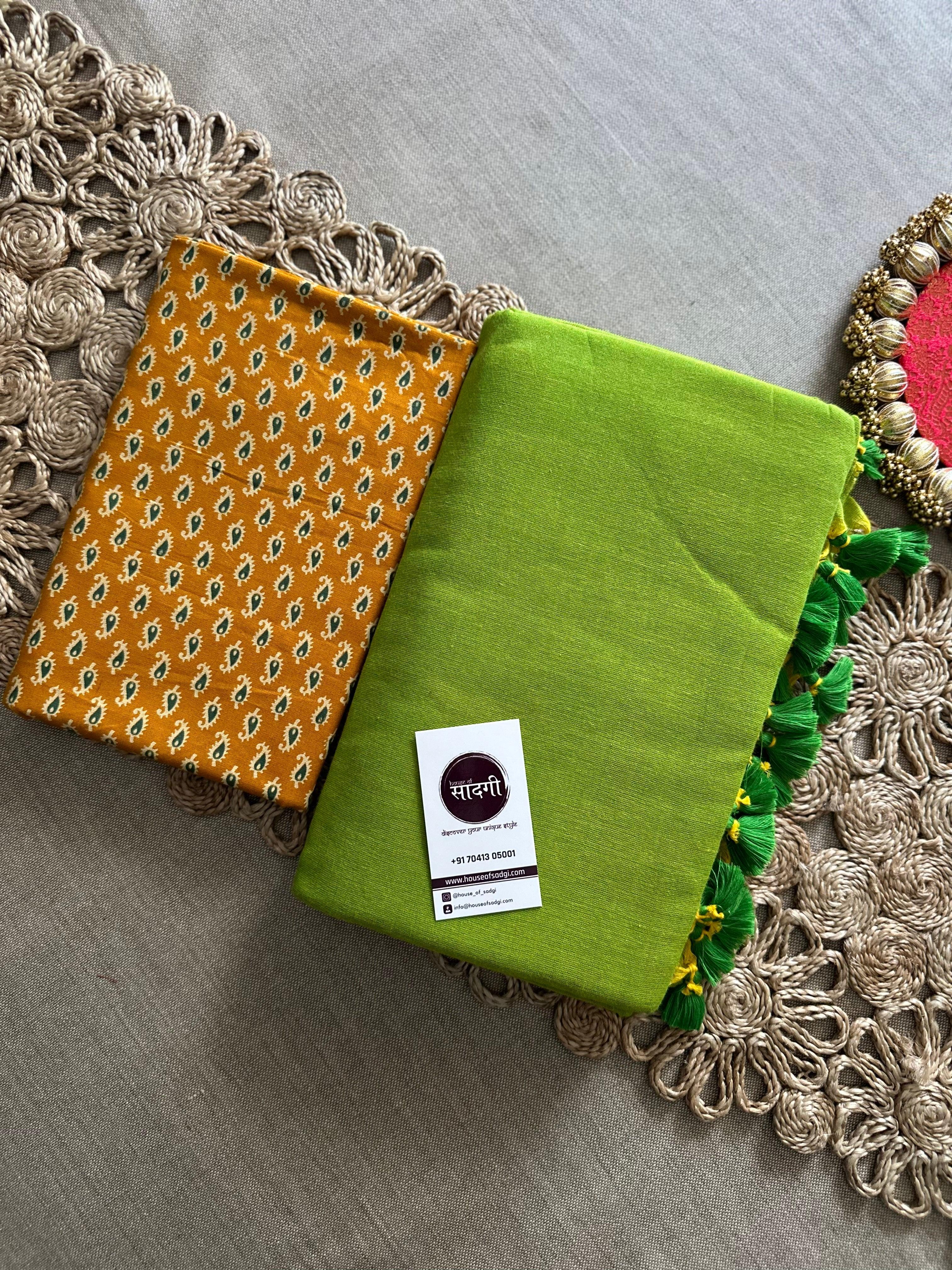 Perrot Green Handloom Khadi Cotton Saree With Yellow Printed Blouse - House Of Sadgi