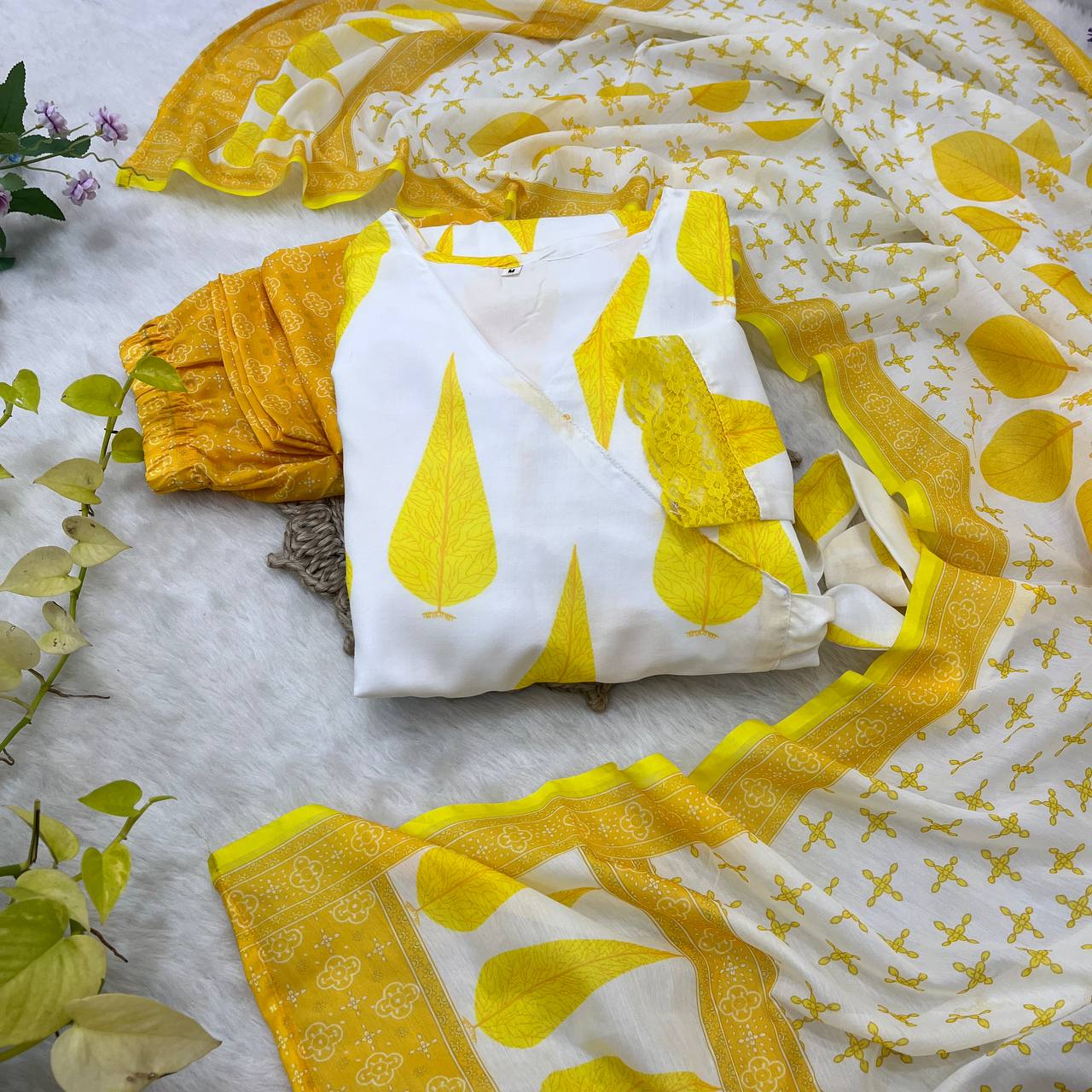 Yellow Color Camric Cotton  Gown Pant With Dupatta