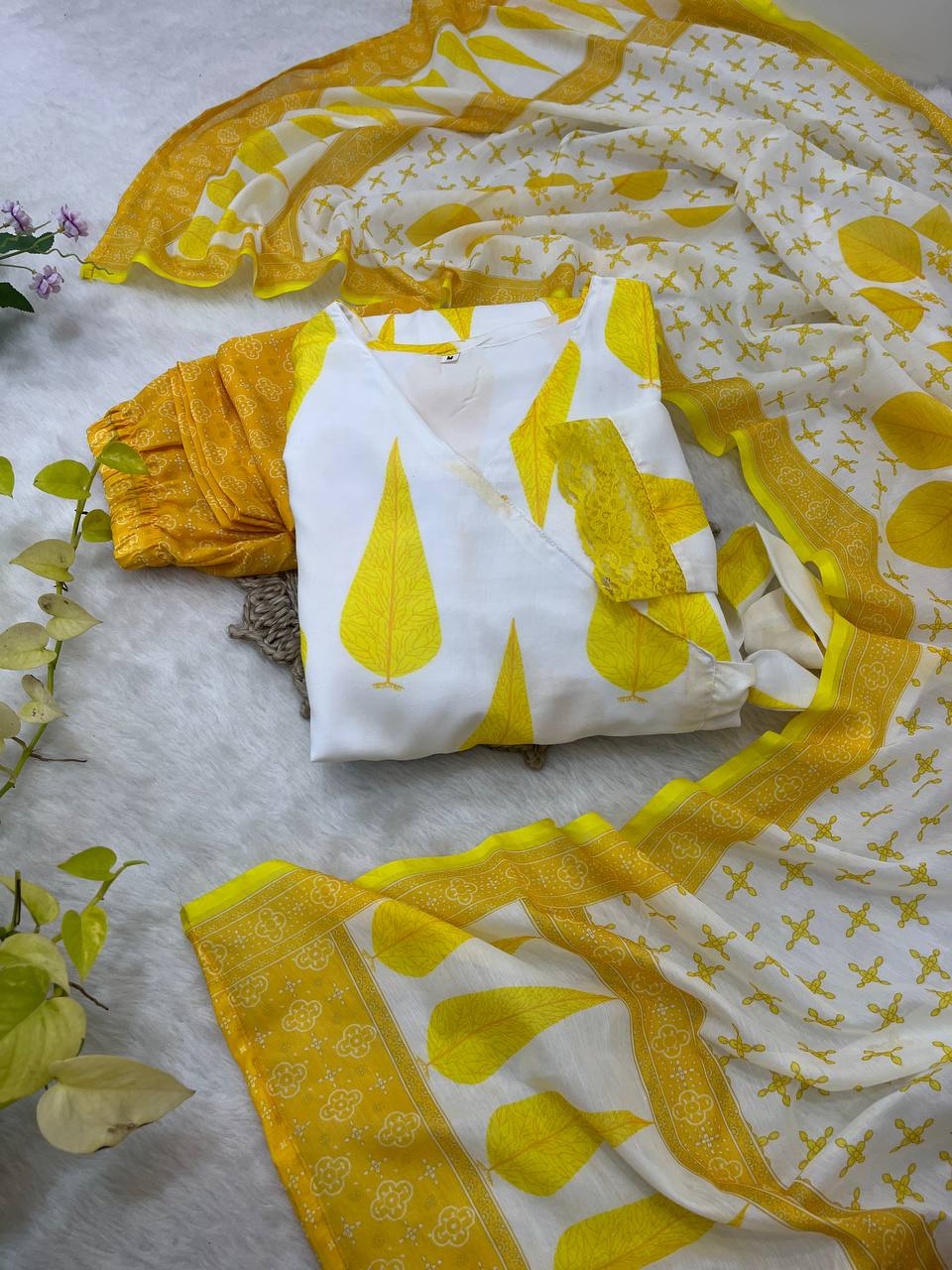 Yellow Color Camric Cotton  Gown Pant With Dupatta