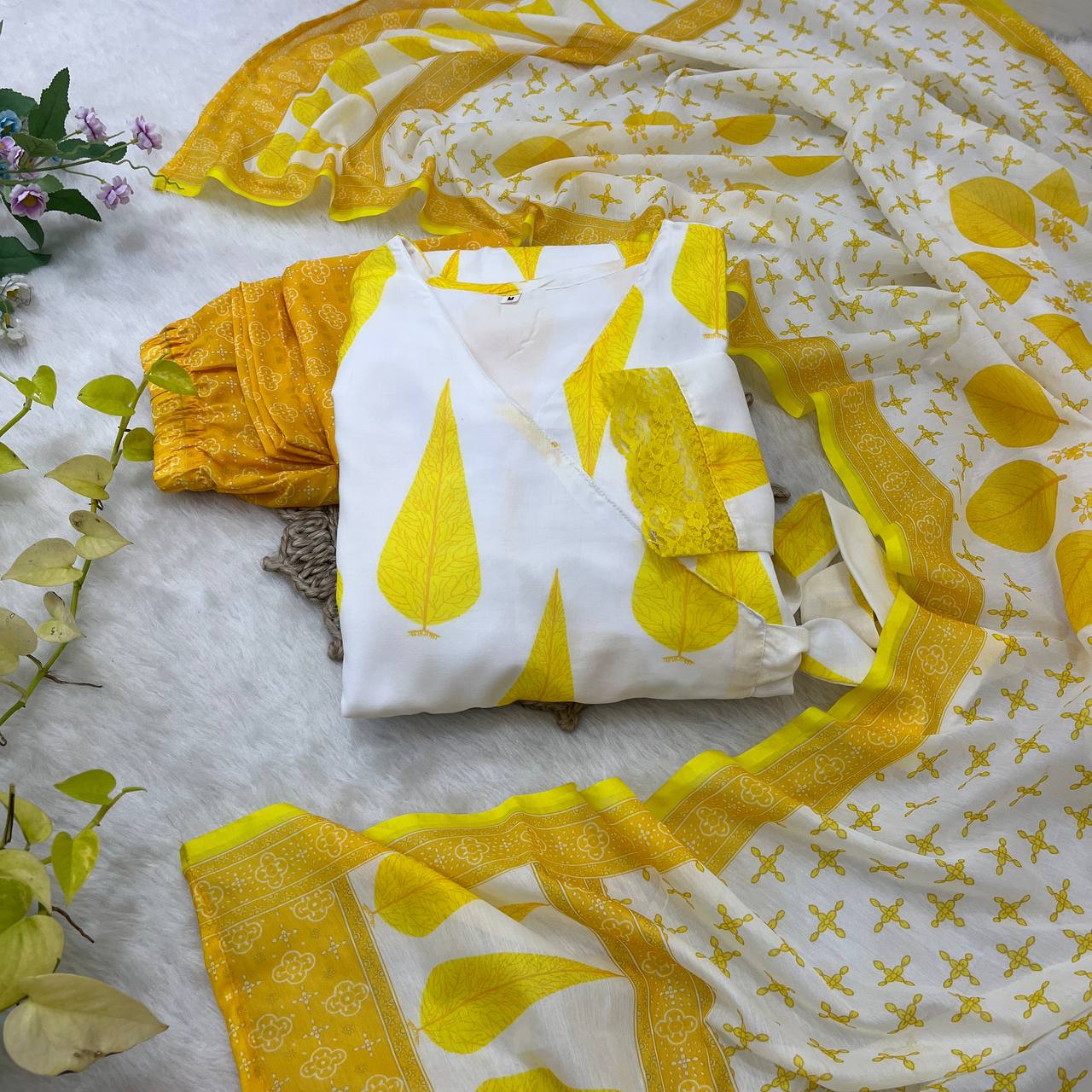 Yellow Color Camric Cotton  Gown Pant With Dupatta