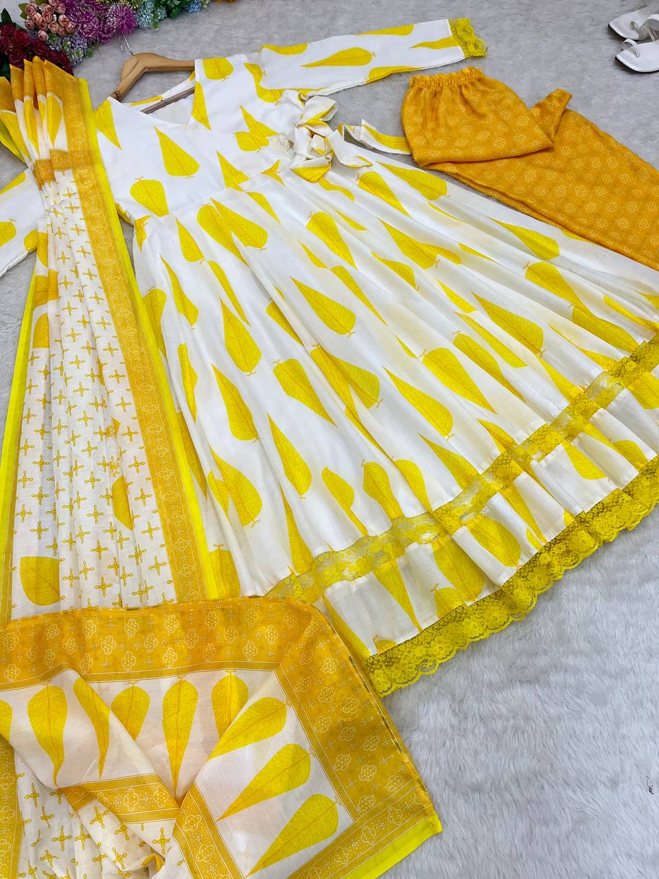 Yellow Color Camric Cotton  Gown Pant With Dupatta