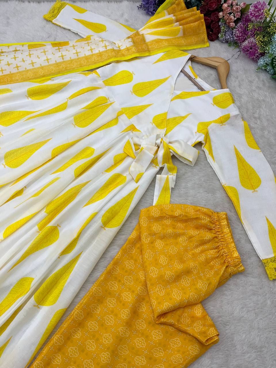 Yellow Color Camric Cotton  Gown Pant With Dupatta