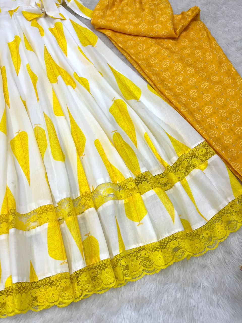 Yellow Color Camric Cotton  Gown Pant With Dupatta