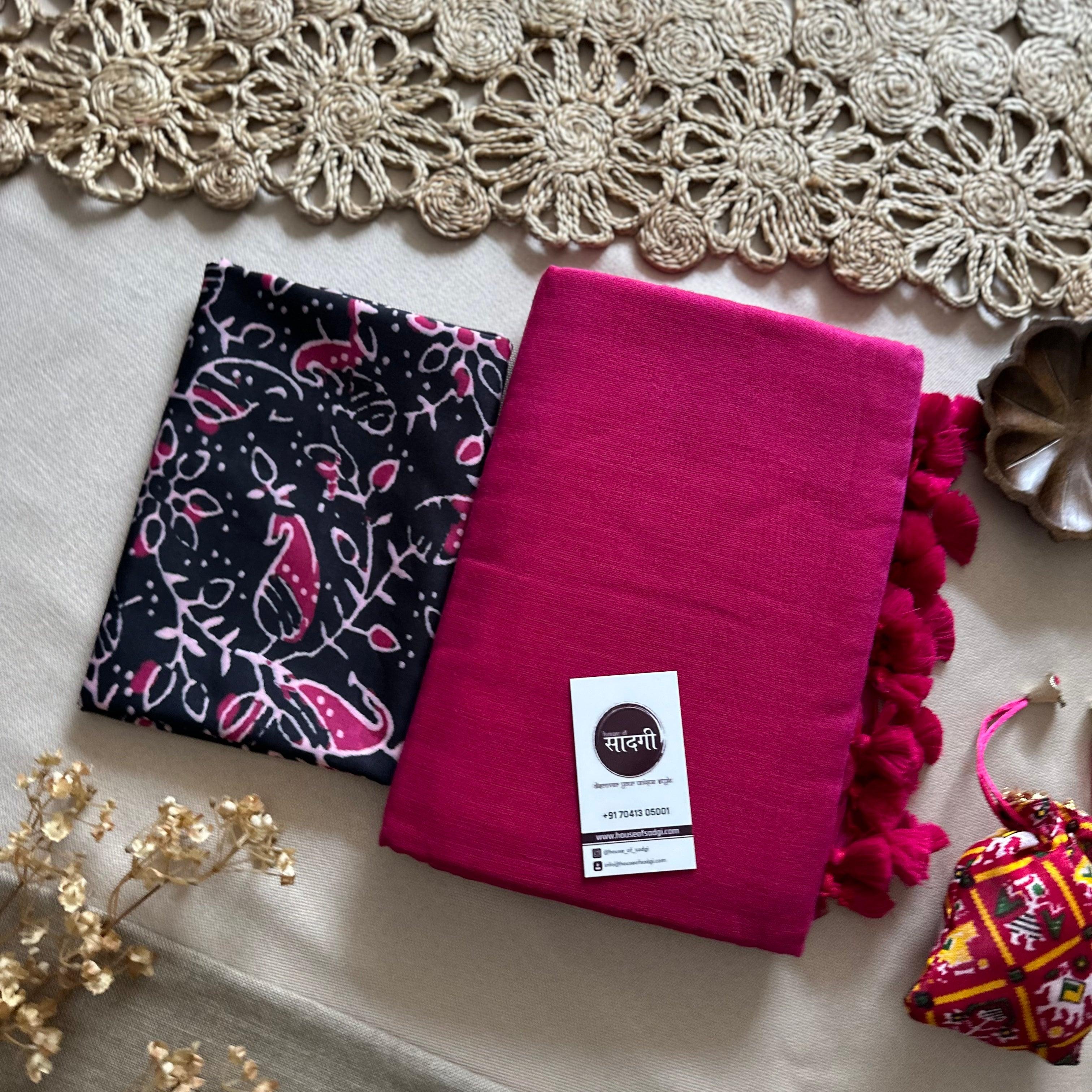 Pink Handloom Khadi Cotton Saree With Black Printed Blouse - House Of Sadgi