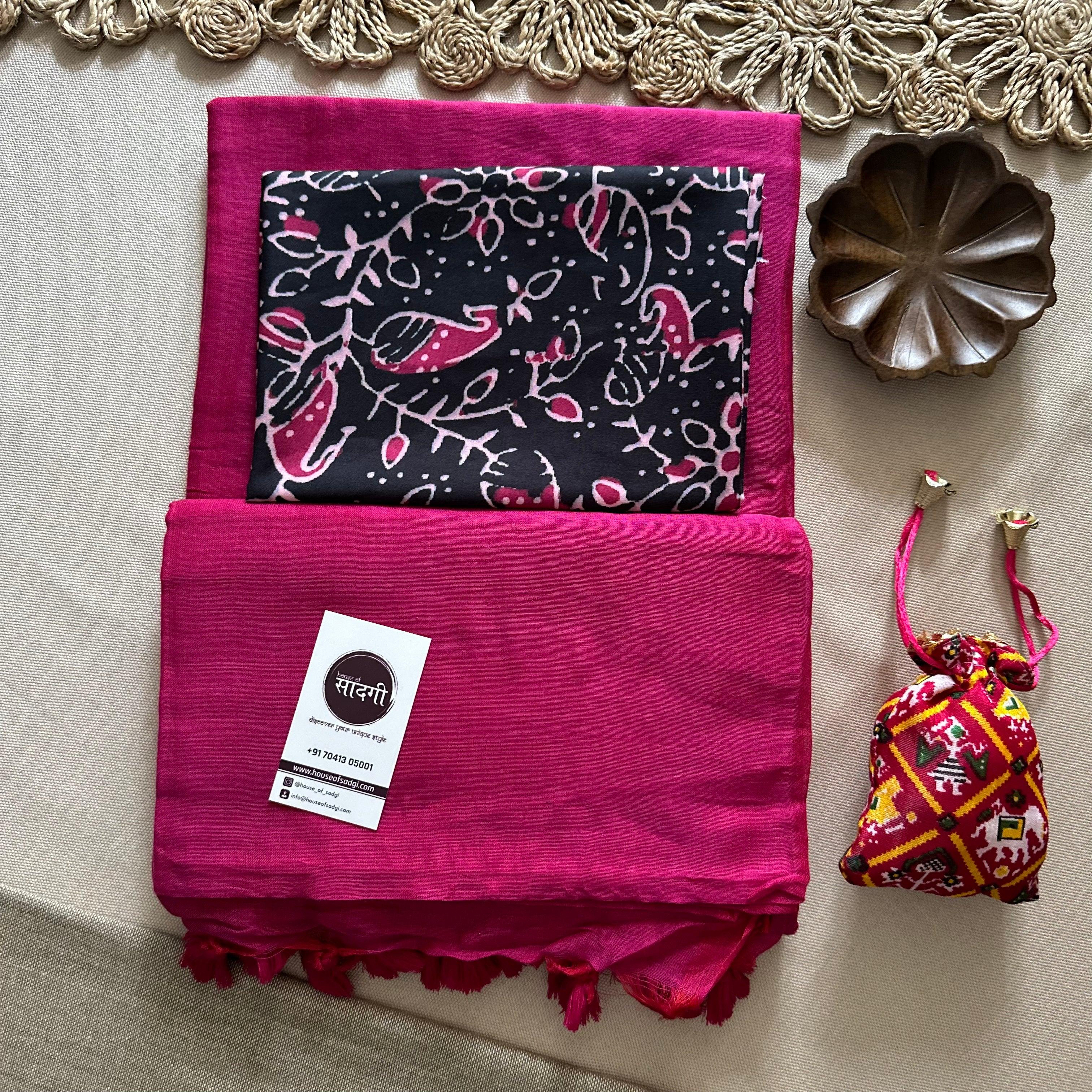 Pink Handloom Khadi Cotton Saree With Black Printed Blouse - House Of Sadgi