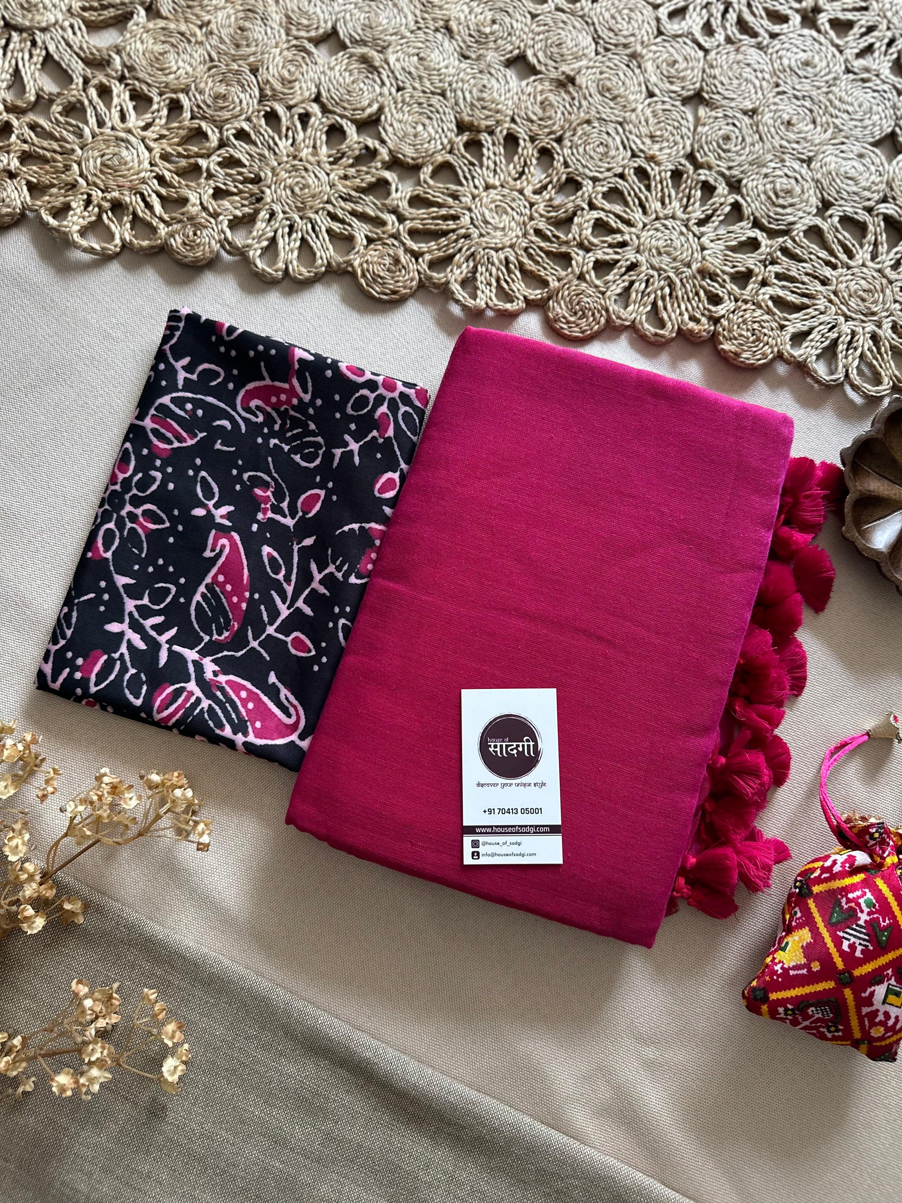 Pink Handloom Khadi Cotton Saree With Black Printed Blouse - House Of Sadgi