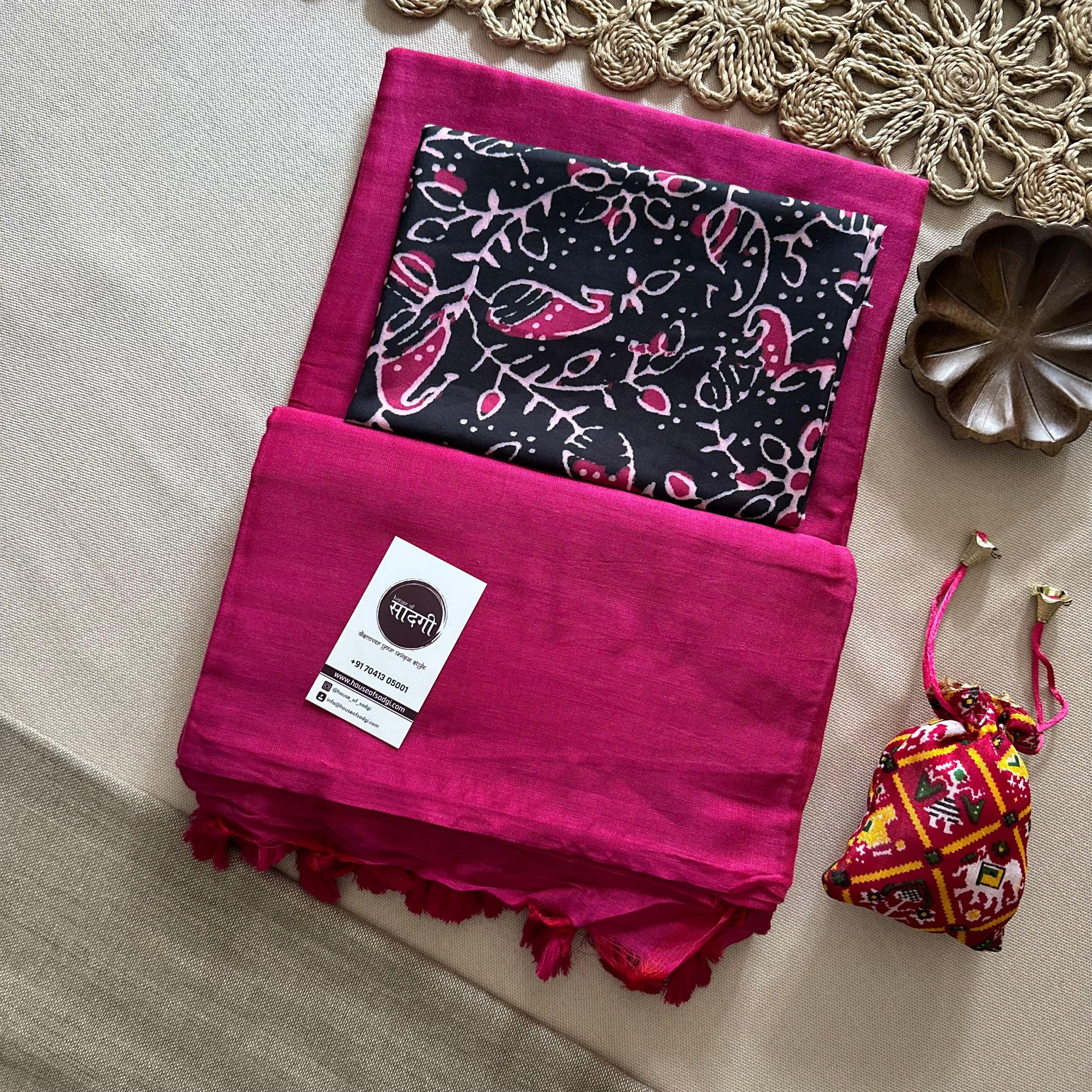 Pink Handloom Khadi Cotton Saree With Black Printed Blouse - House Of Sadgi