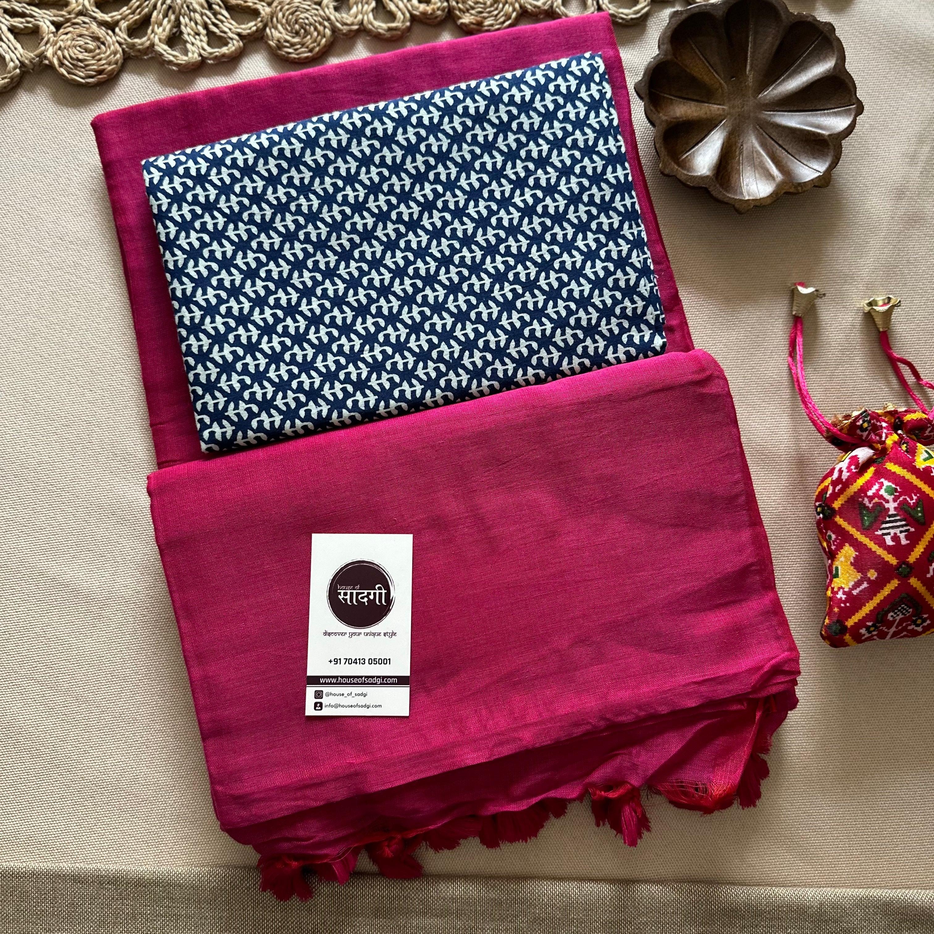 Pink Handloom Khadi Cotton Saree With Blue Printed Blouse - House Of Sadgi