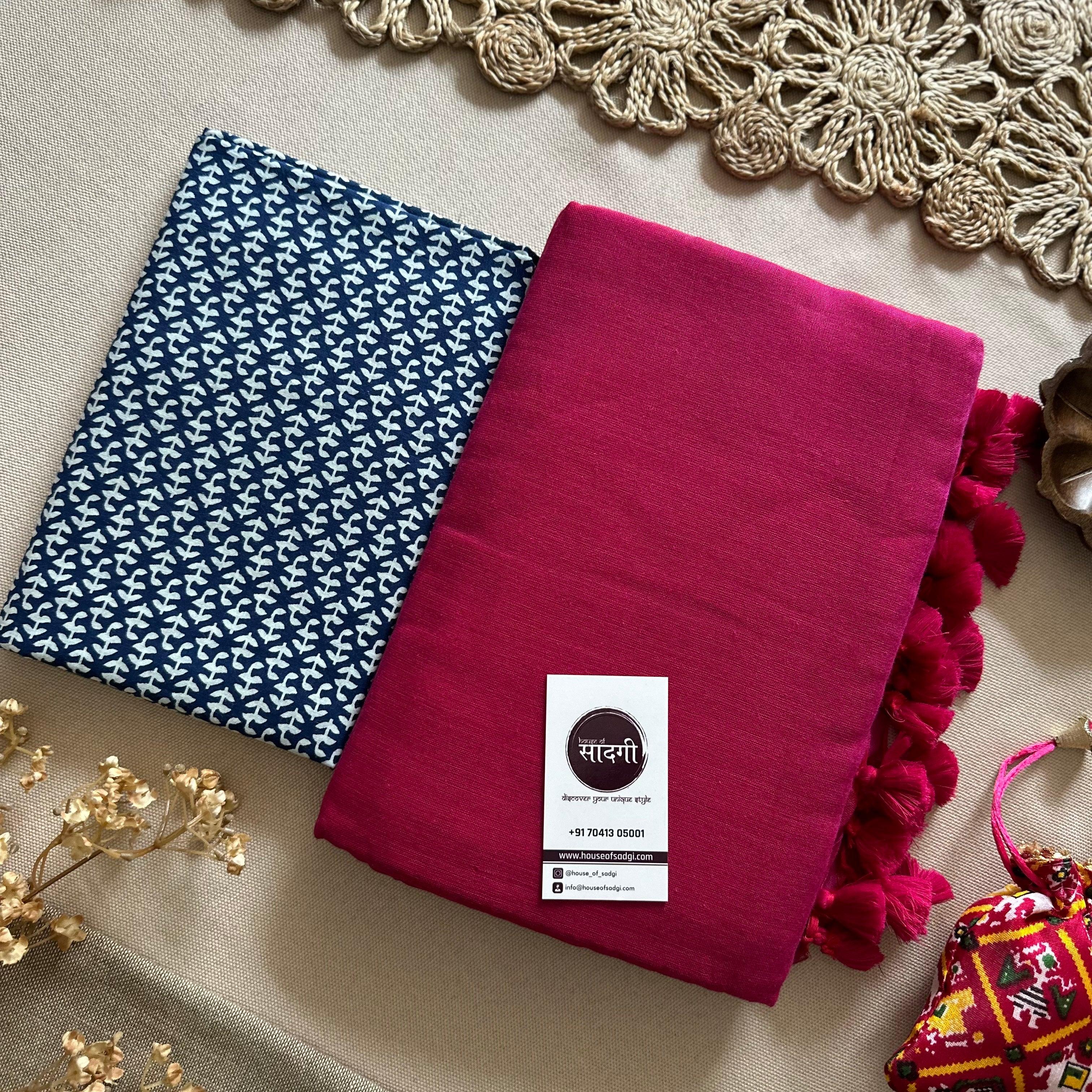 Pink Handloom Khadi Cotton Saree With Blue Printed Blouse - House Of Sadgi