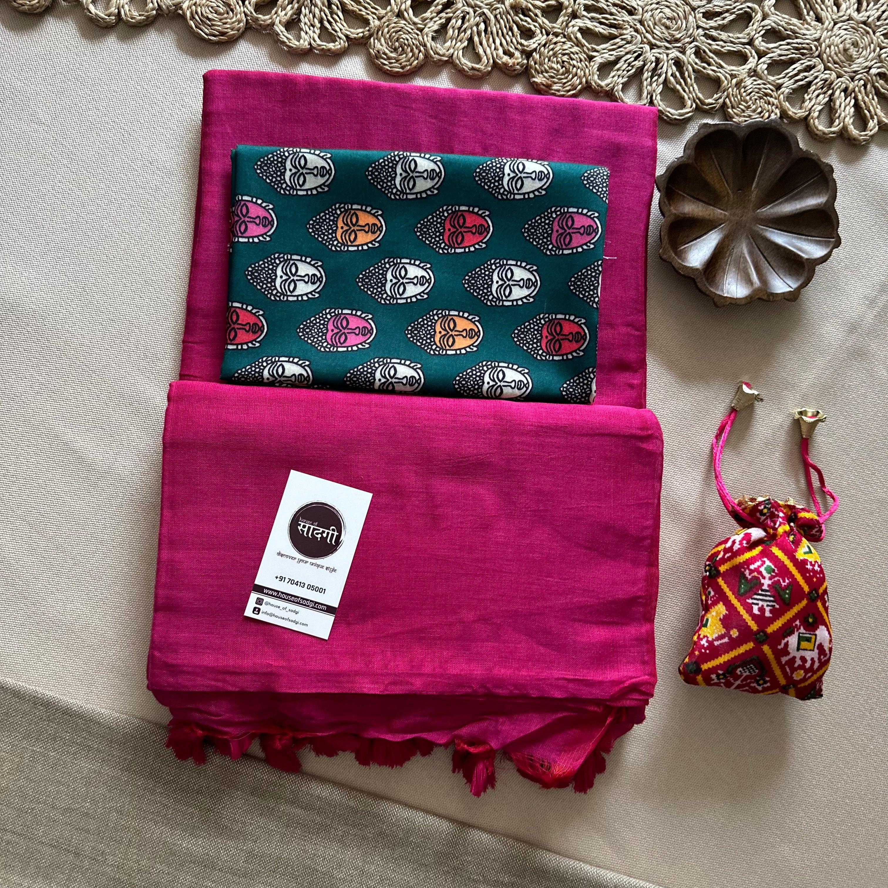 Pink Handloom Khadi Cotton Saree With Green Printed Blouse - House Of Sadgi