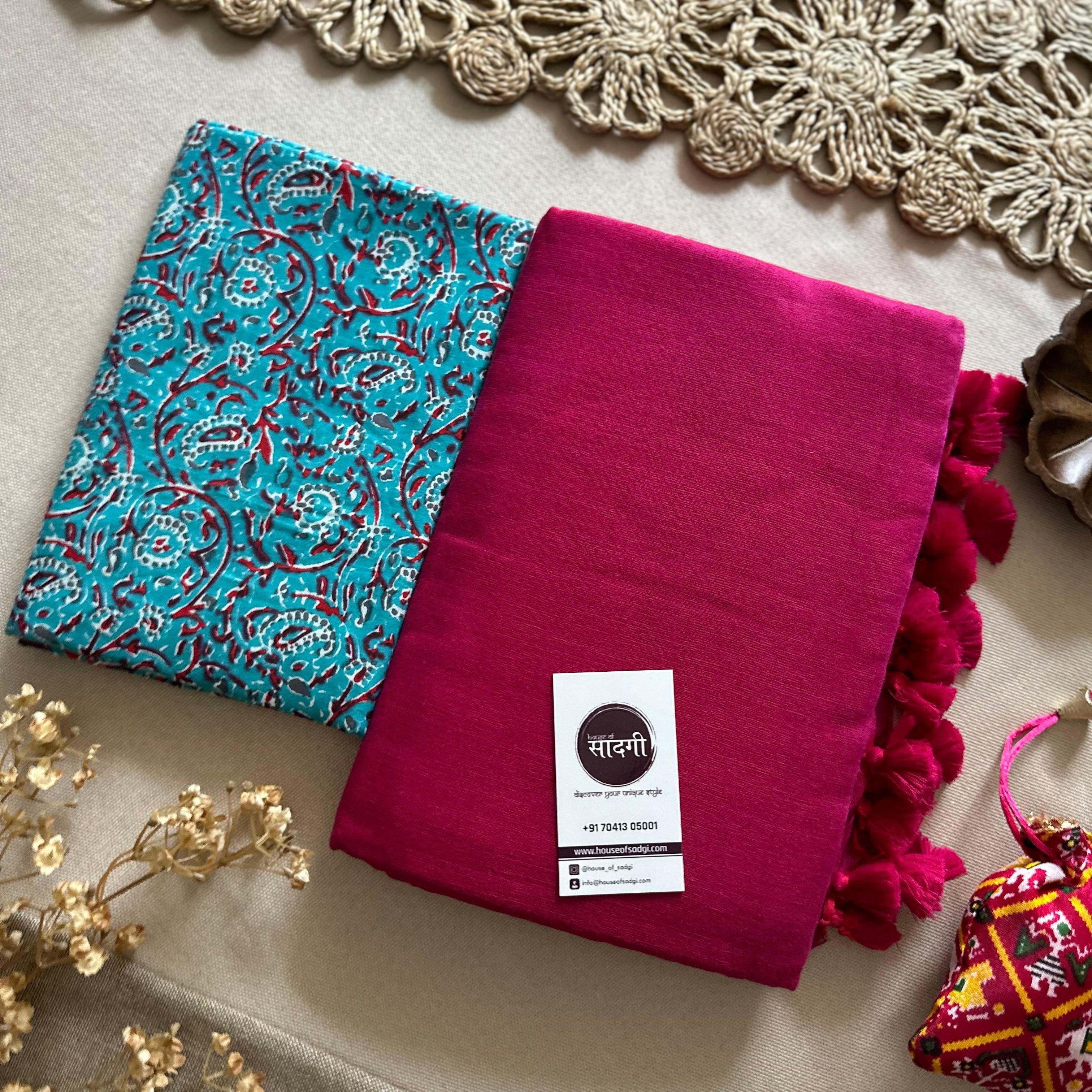 Pink Handloom Khadi Cotton Saree With Sky Printed Blouse - House Of Sadgi