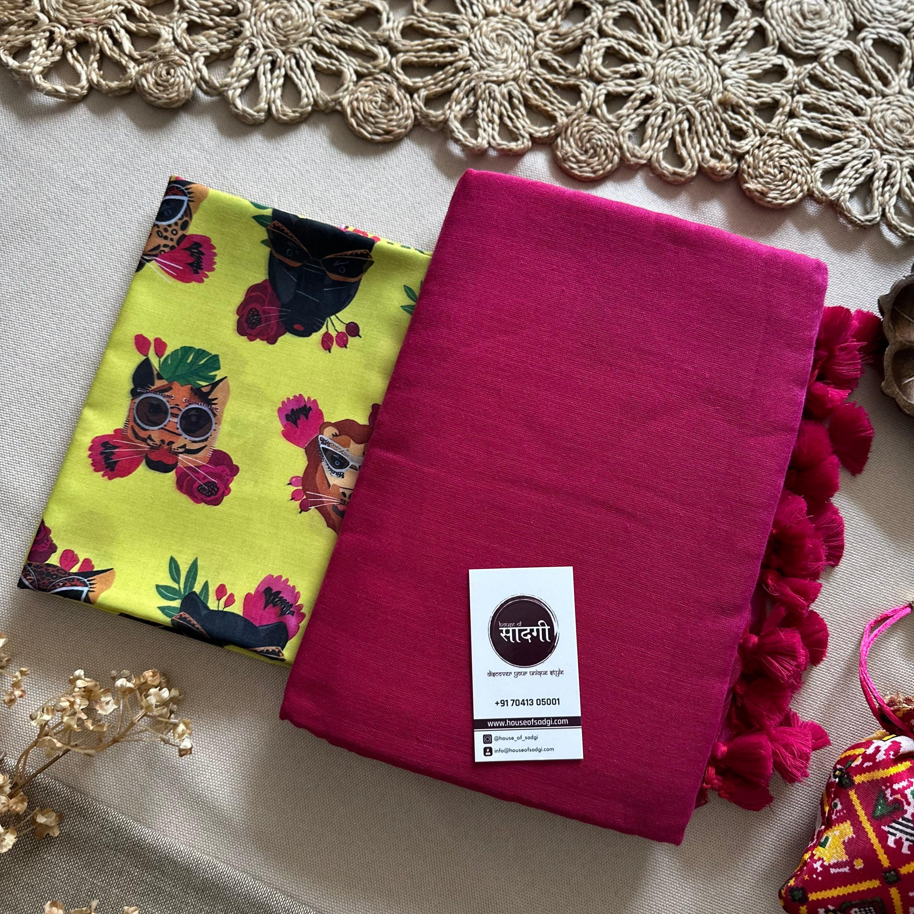 Pink Handloom Khadi Cotton Saree With Yellow Printed Blouse - House Of Sadgi