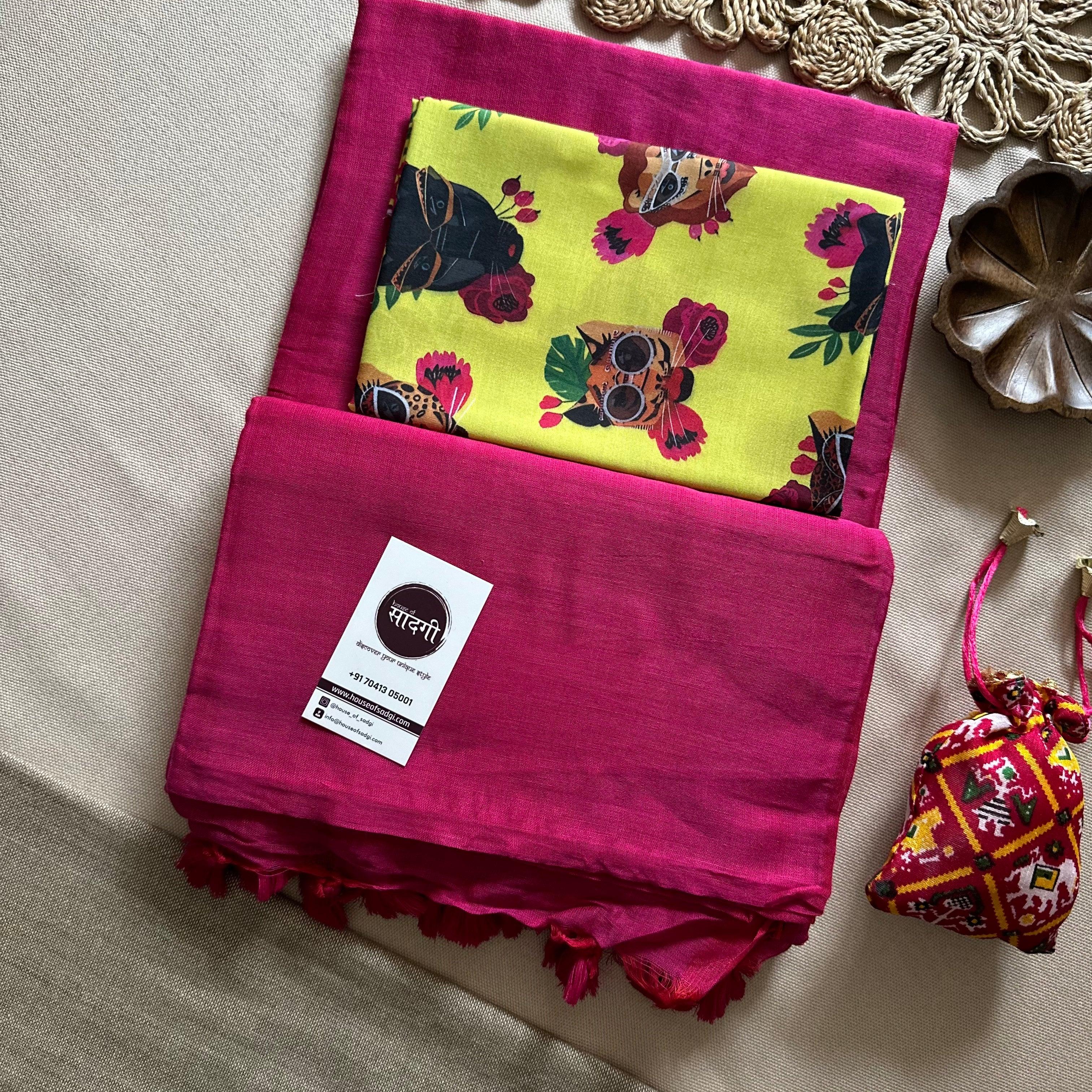 Pink Handloom Khadi Cotton Saree With Yellow Printed Blouse - House Of Sadgi