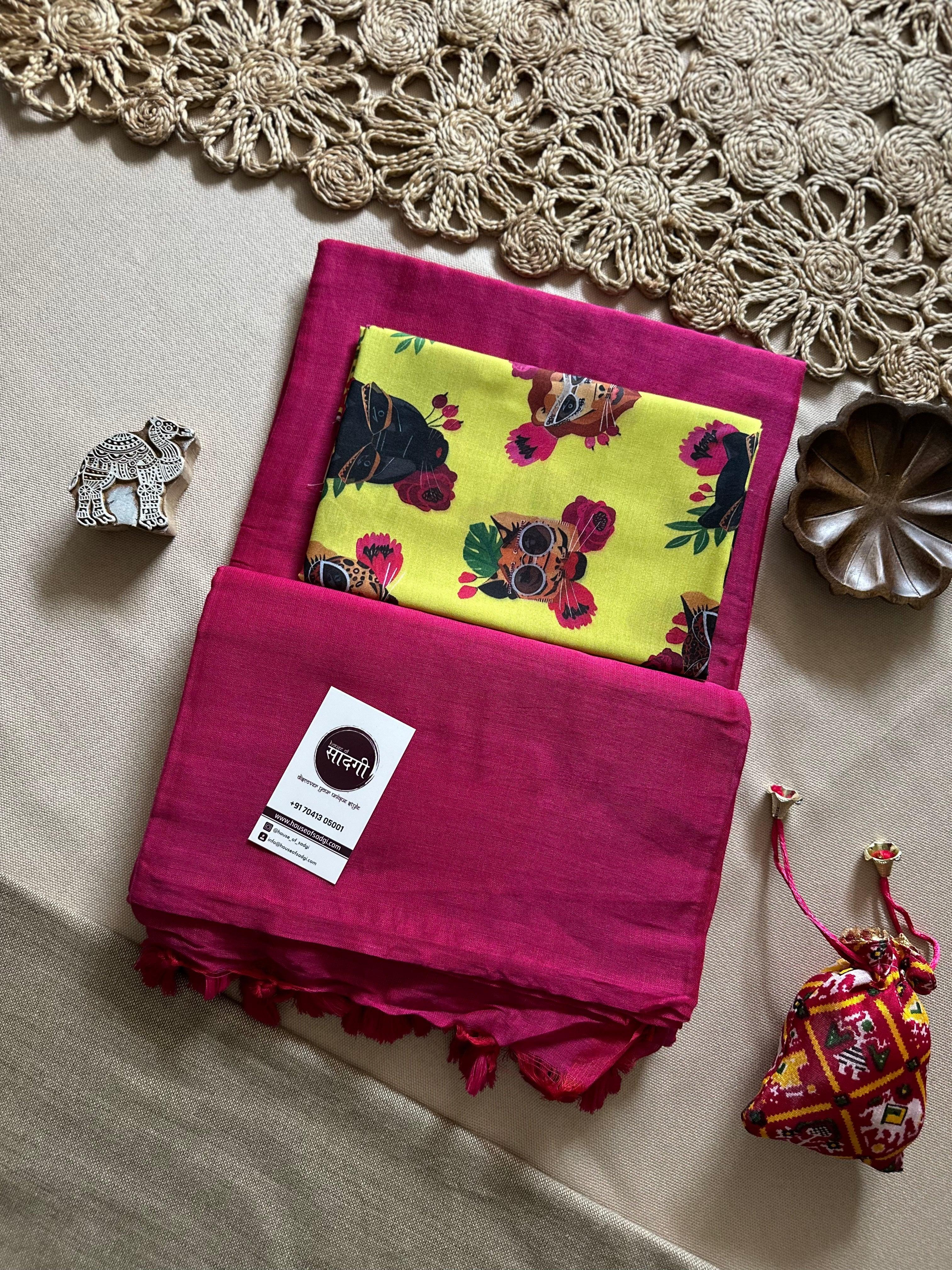 Pink Handloom Khadi Cotton Saree With Yellow Printed Blouse - House Of Sadgi