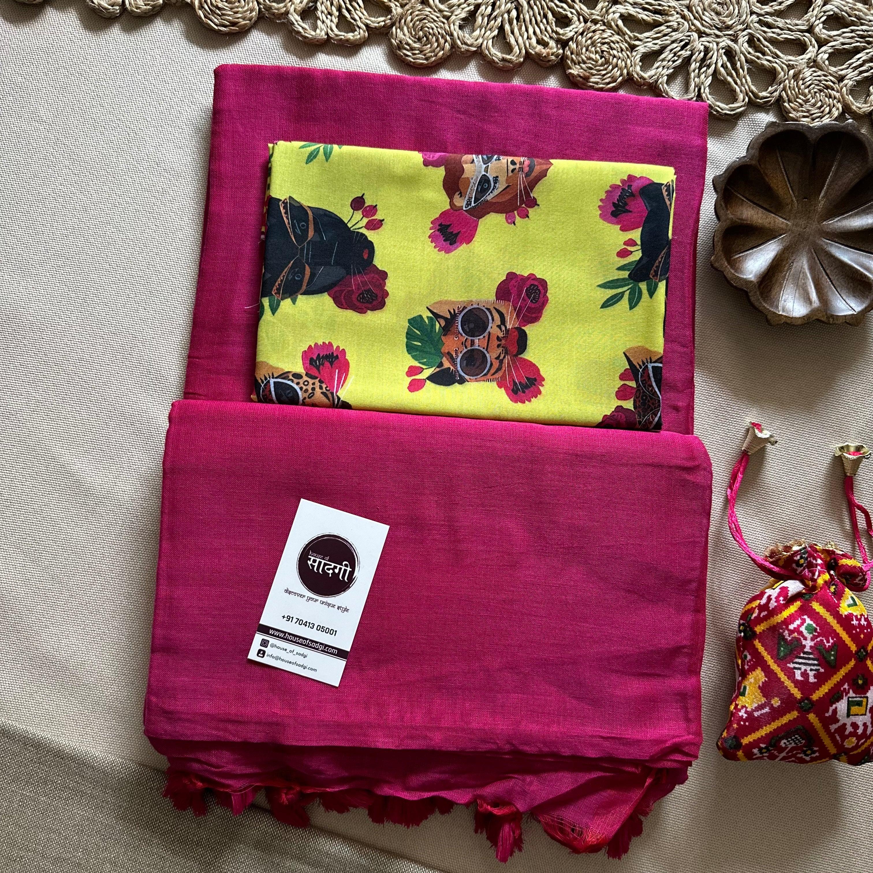 Pink Handloom Khadi Cotton Saree With Yellow Printed Blouse - House Of Sadgi