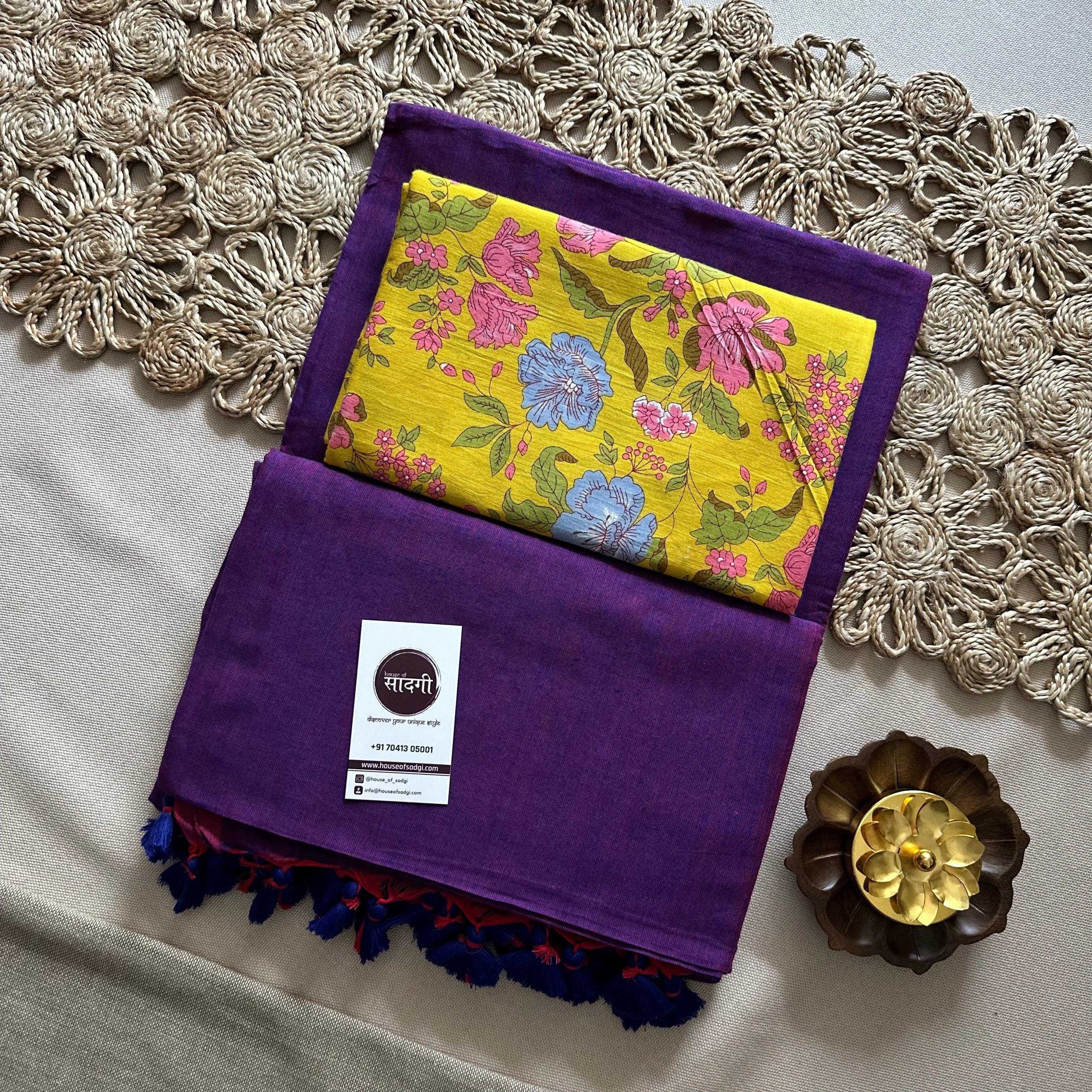 Purple Handloom Khadi Cotton Saree With Flower Printed Blouse - House Of Sadgi