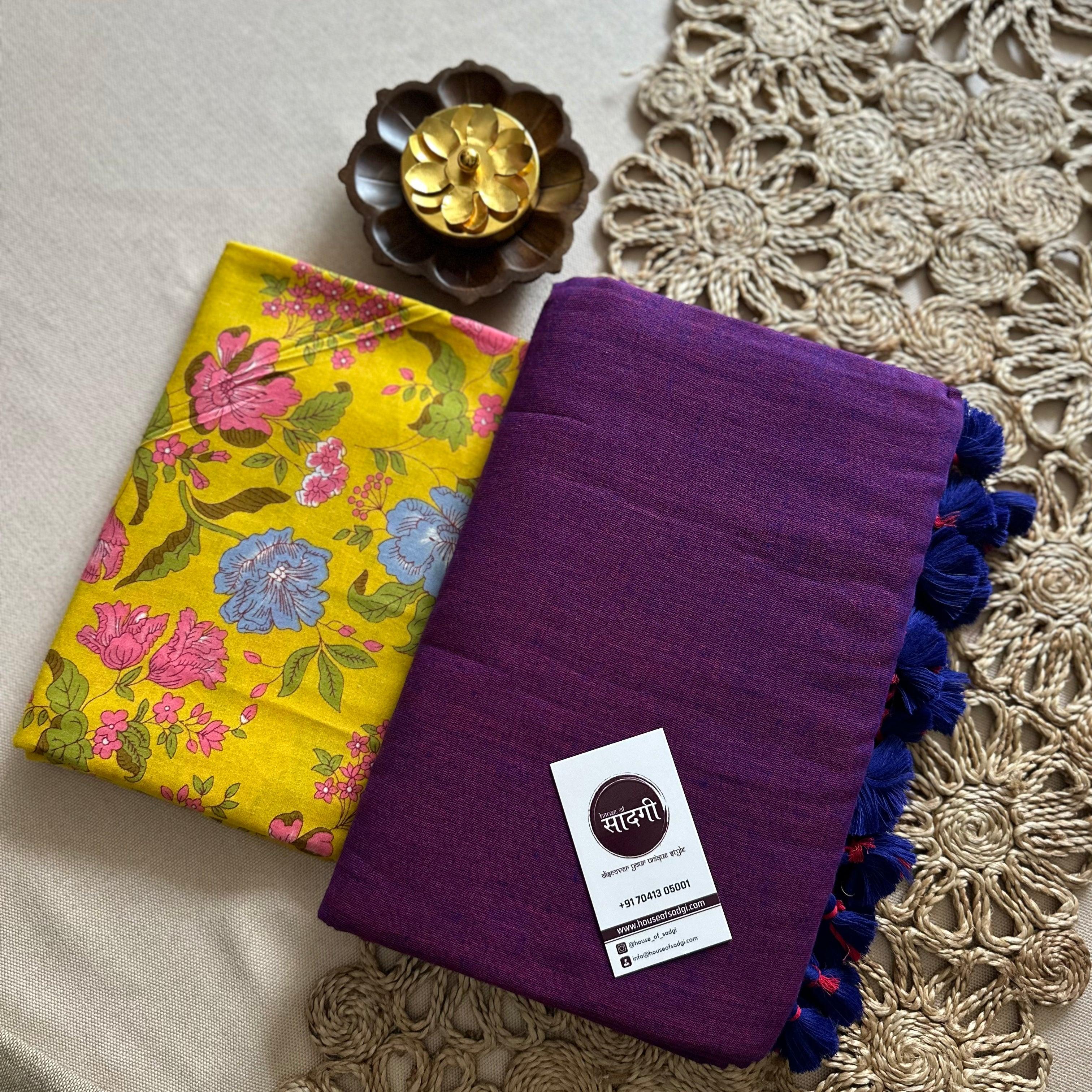 Purple Handloom Khadi Cotton Saree With Flower Printed Blouse - House Of Sadgi