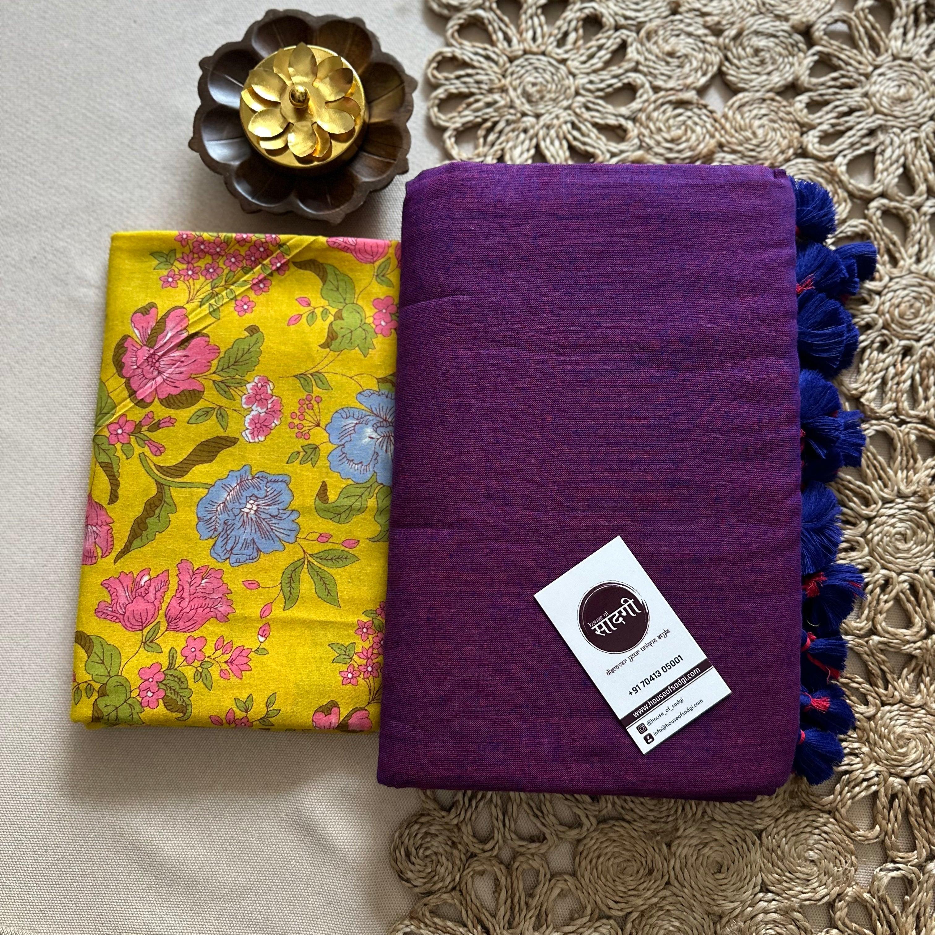 Purple Handloom Khadi Cotton Saree With Flower Printed Blouse - House Of Sadgi