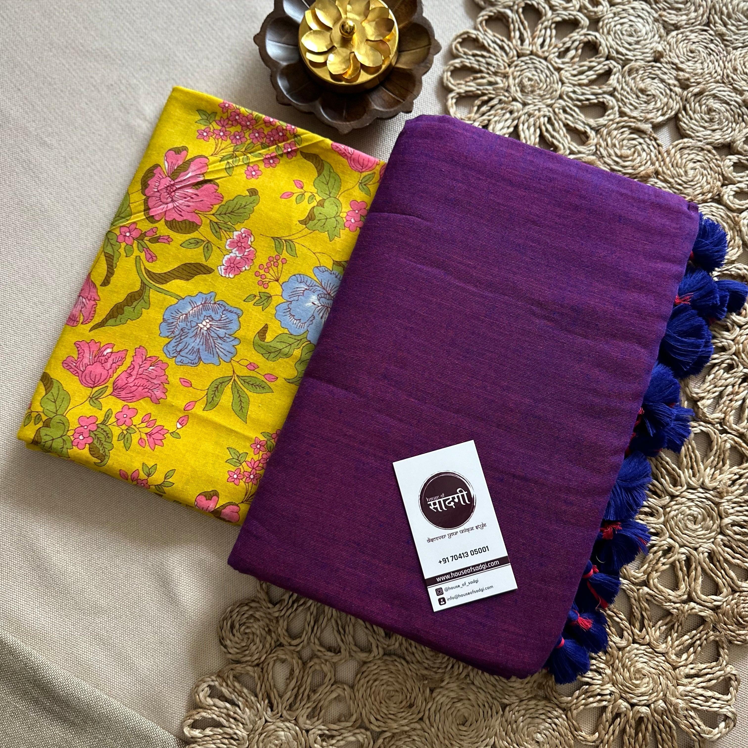 Purple Handloom Khadi Cotton Saree With Flower Printed Blouse - House Of Sadgi