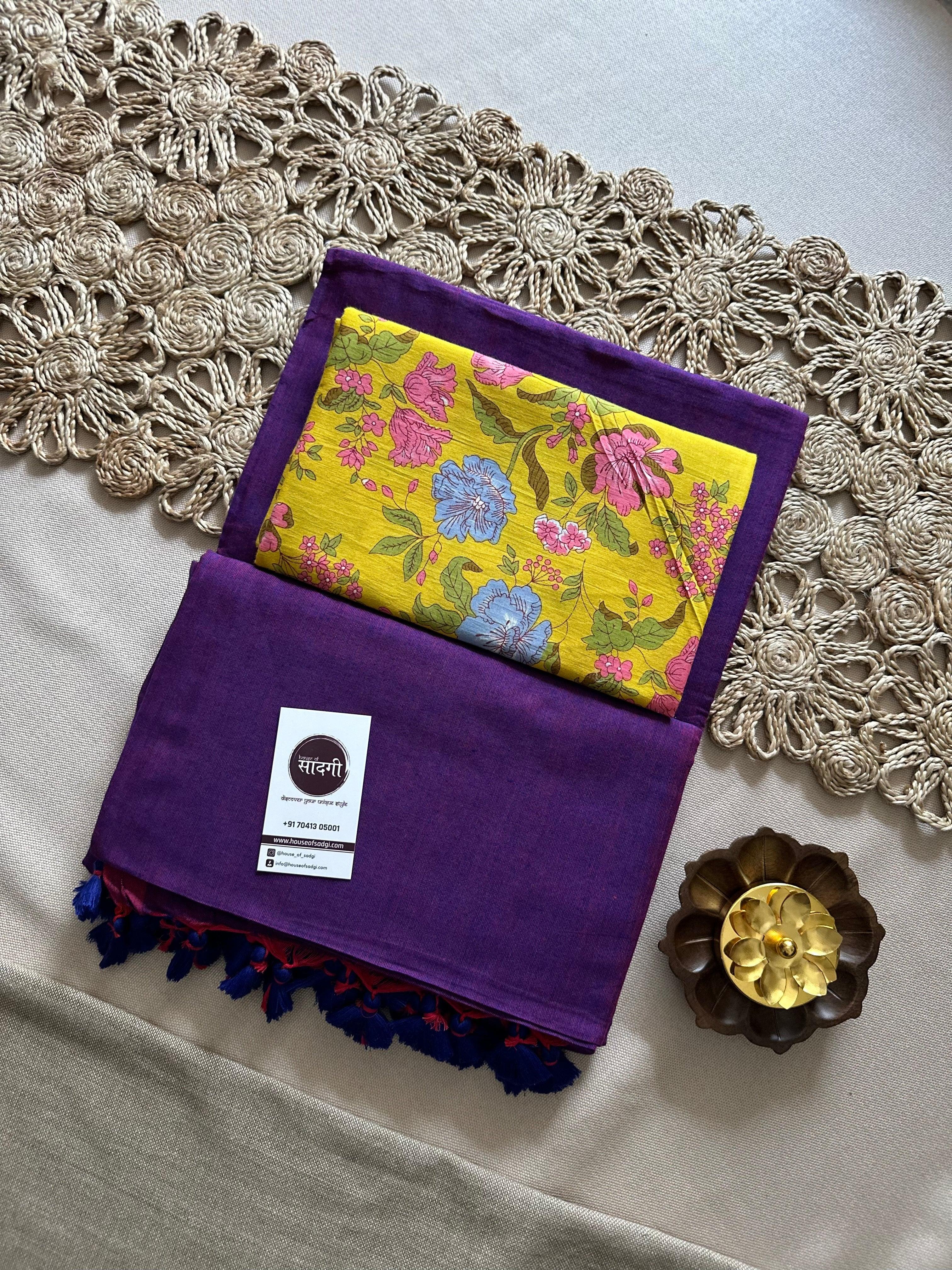 Purple Handloom Khadi Cotton Saree With Flower Printed Blouse - House Of Sadgi