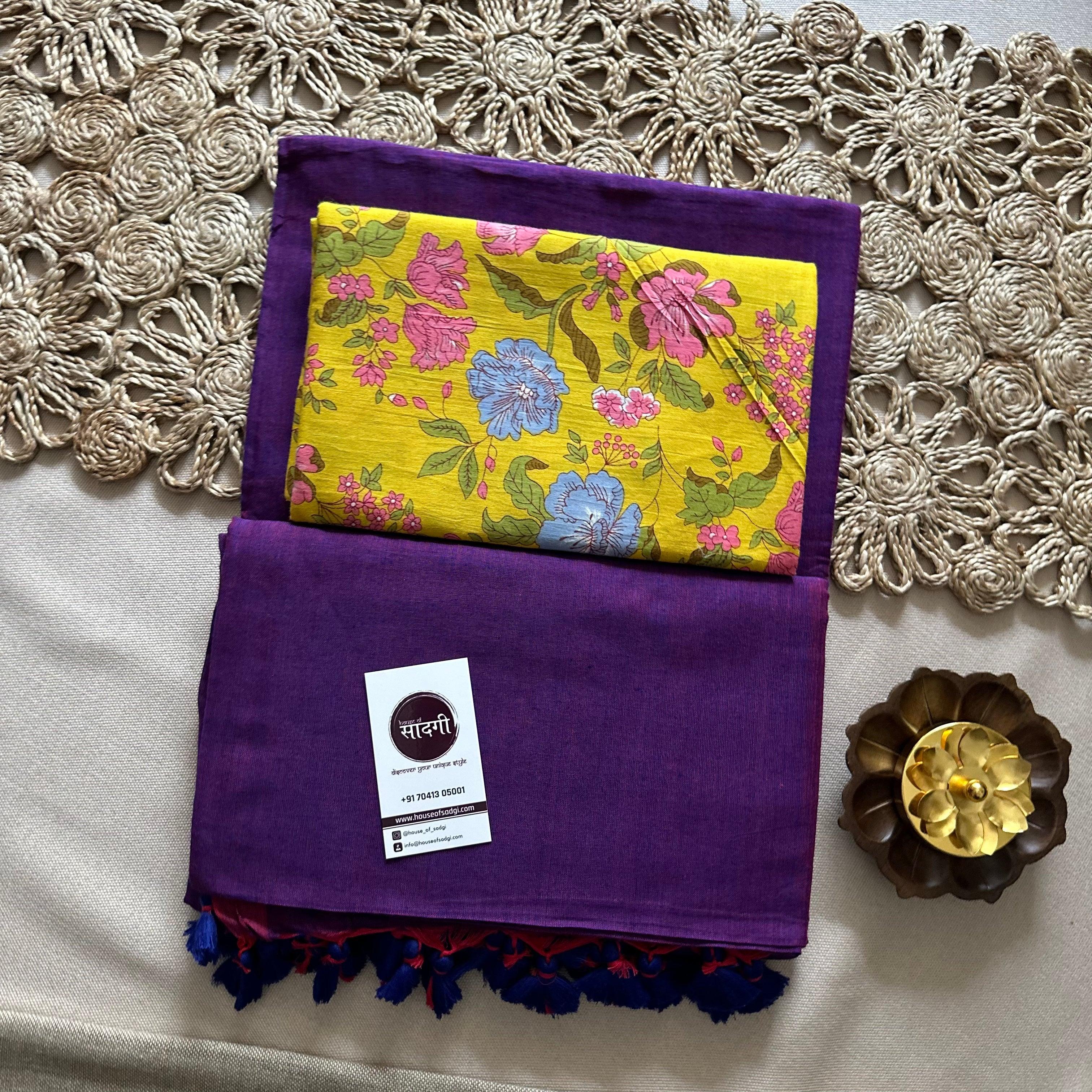 Purple Handloom Khadi Cotton Saree With Flower Printed Blouse - House Of Sadgi