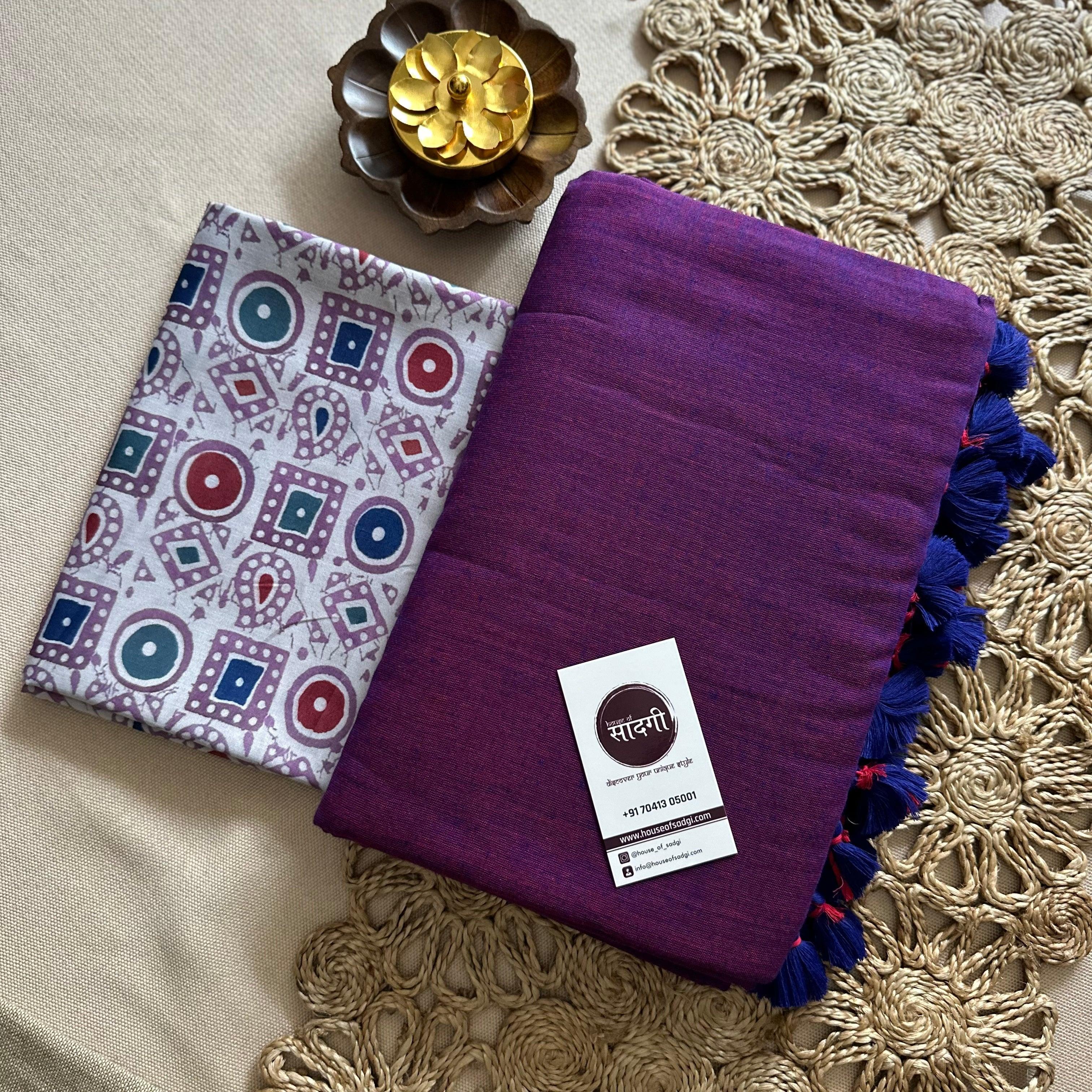 Purple Handloom Khadi Cotton Saree With Grey Printed Blouse - House Of Sadgi