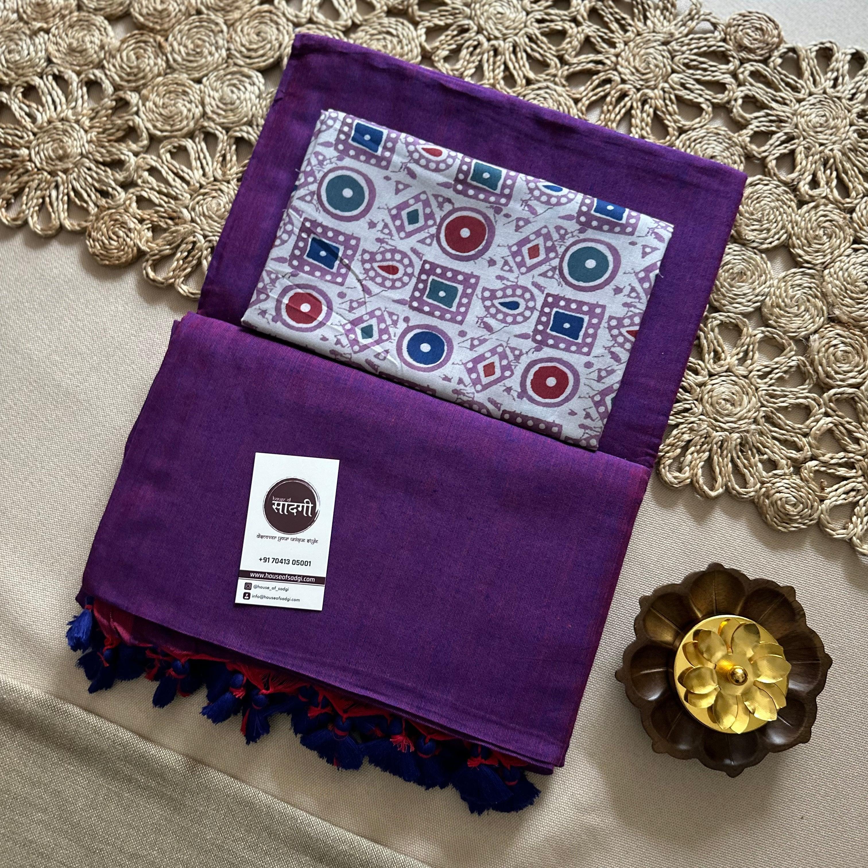 Purple Handloom Khadi Cotton Saree With Grey Printed Blouse - House Of Sadgi