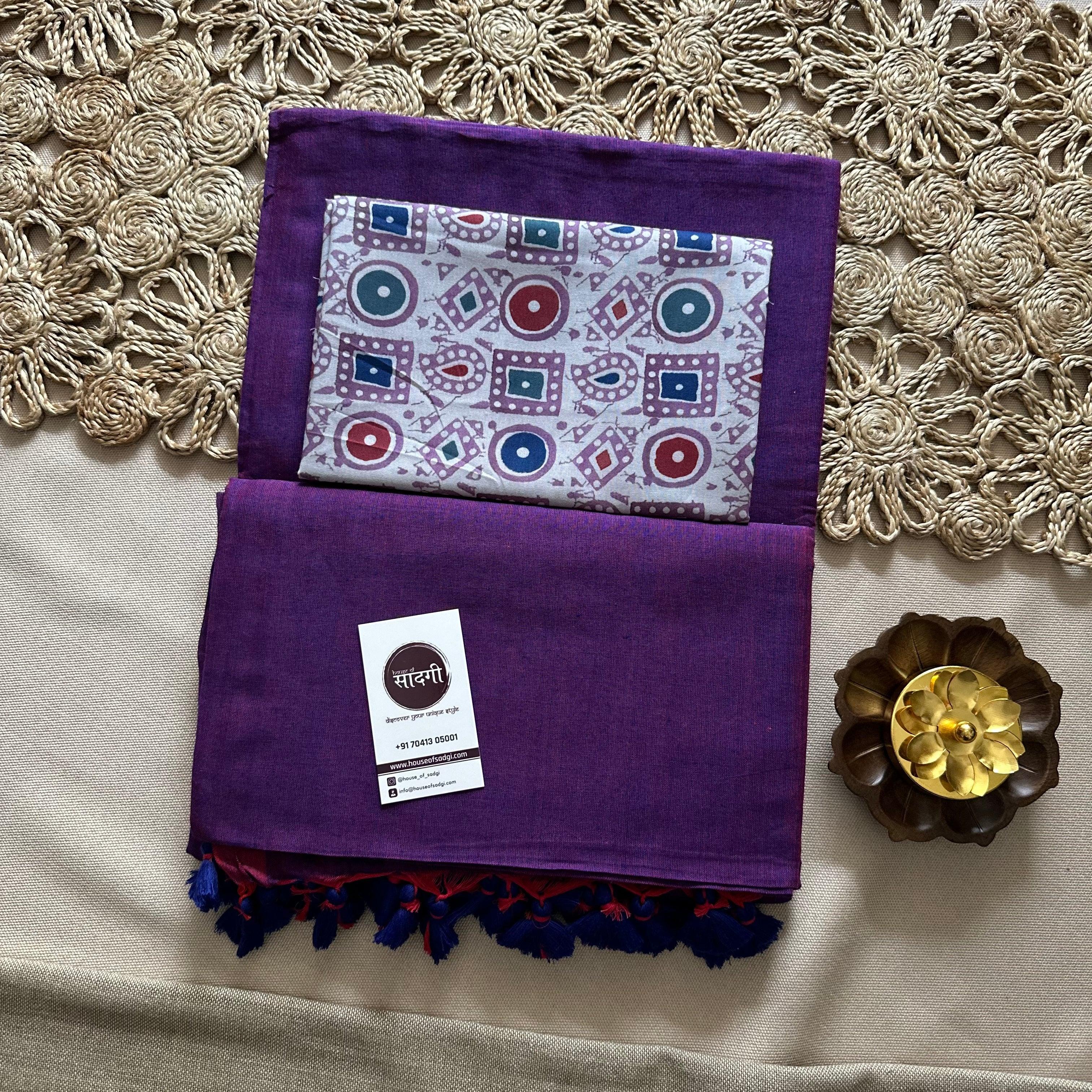 Purple Handloom Khadi Cotton Saree With Grey Printed Blouse - House Of Sadgi