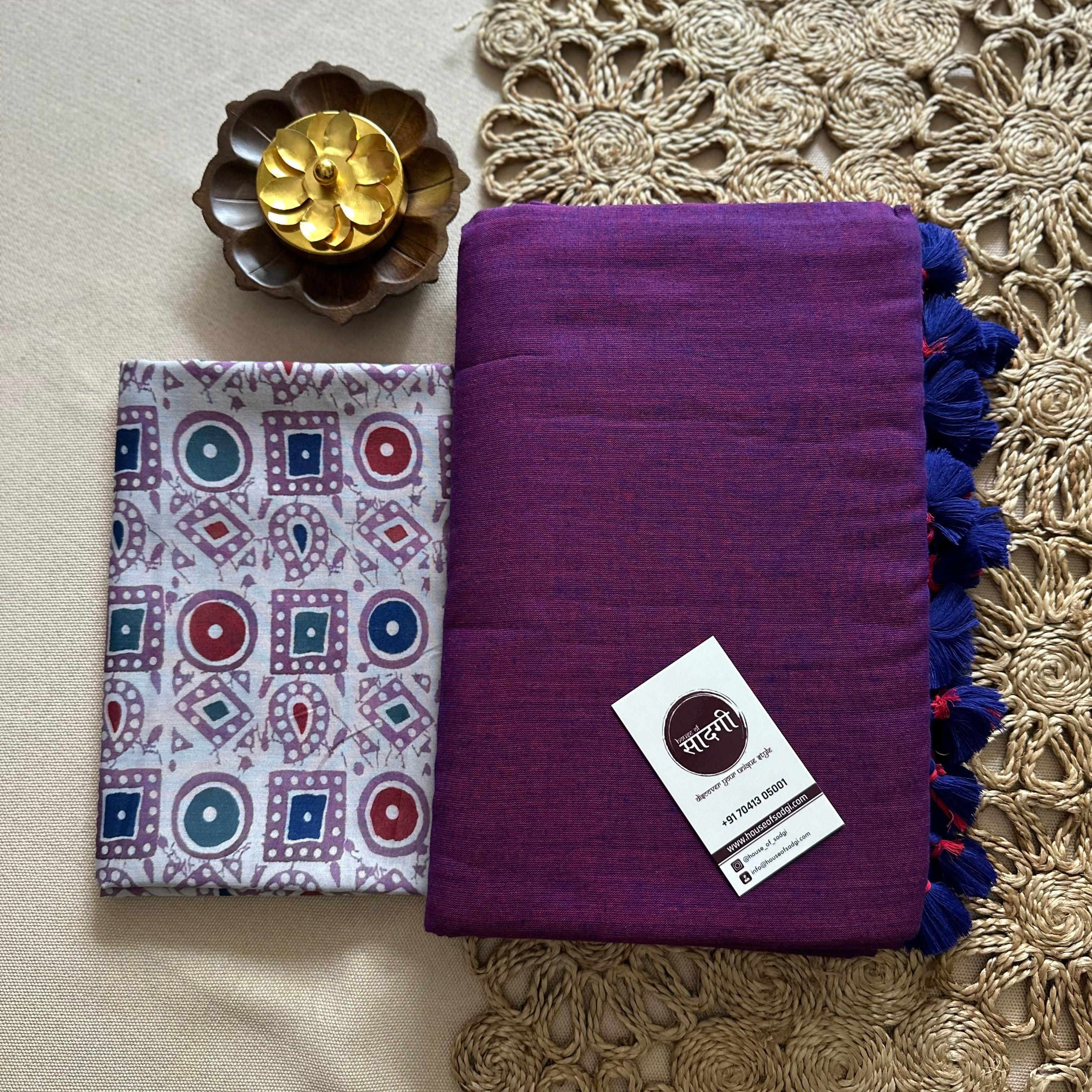 Purple Handloom Khadi Cotton Saree With Grey Printed Blouse - House Of Sadgi