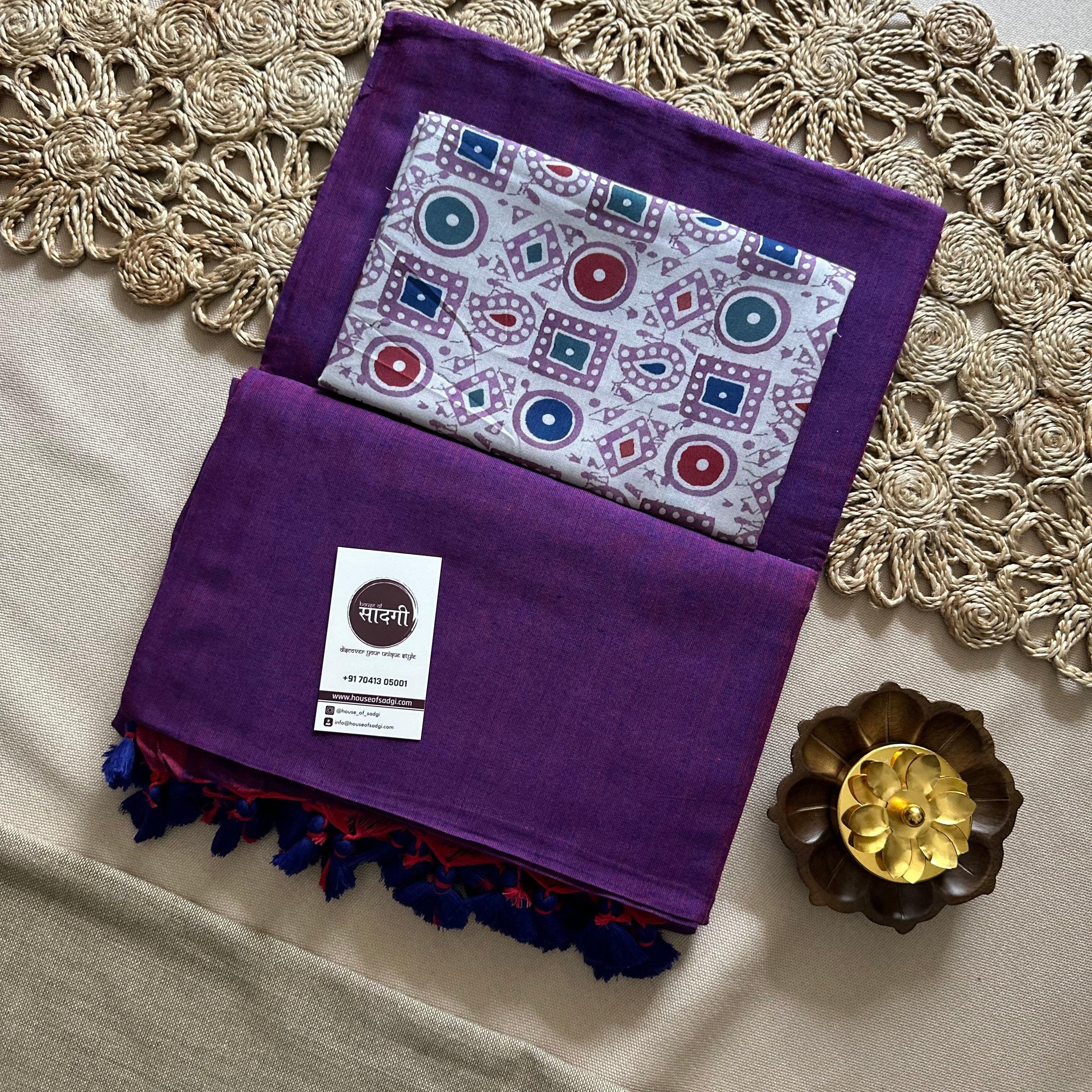 Purple Handloom Khadi Cotton Saree With Grey Printed Blouse - House Of Sadgi