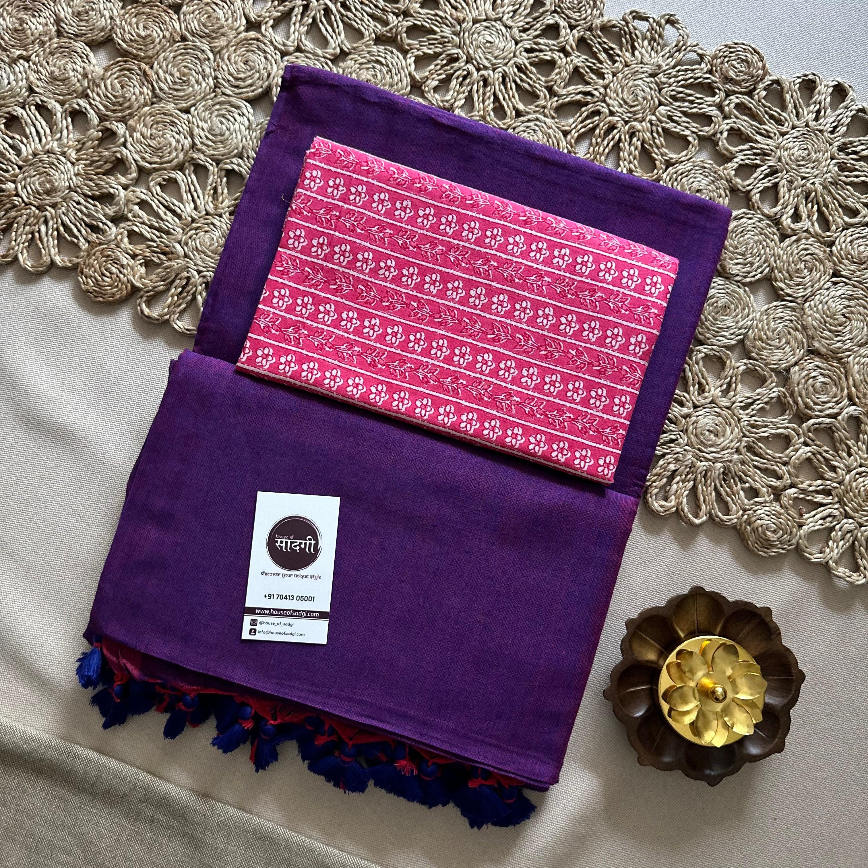 Purple Handloom Khadi Cotton Saree With Pink Printed Blouse - House Of Sadgi