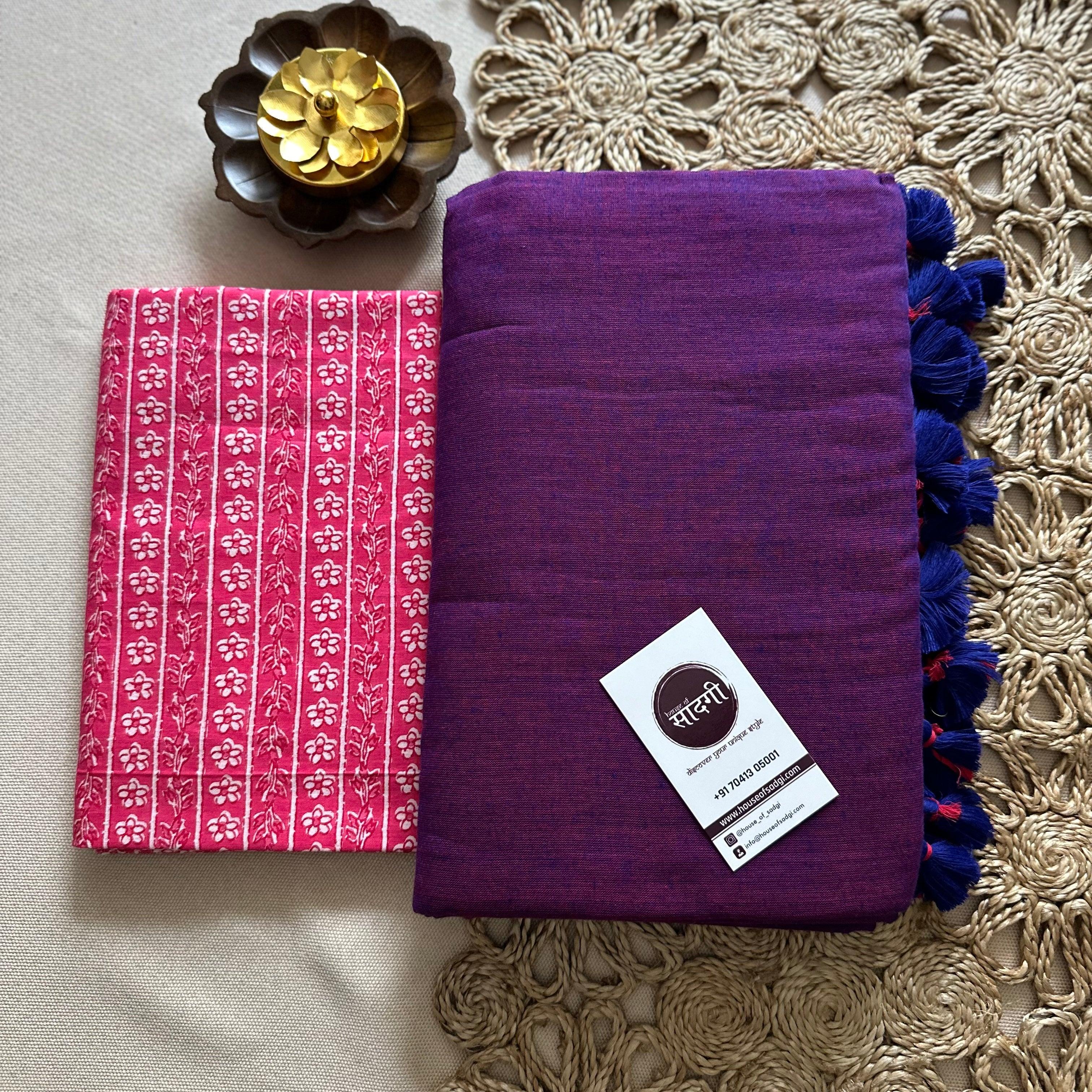 Purple Handloom Khadi Cotton Saree With Pink Printed Blouse - House Of Sadgi