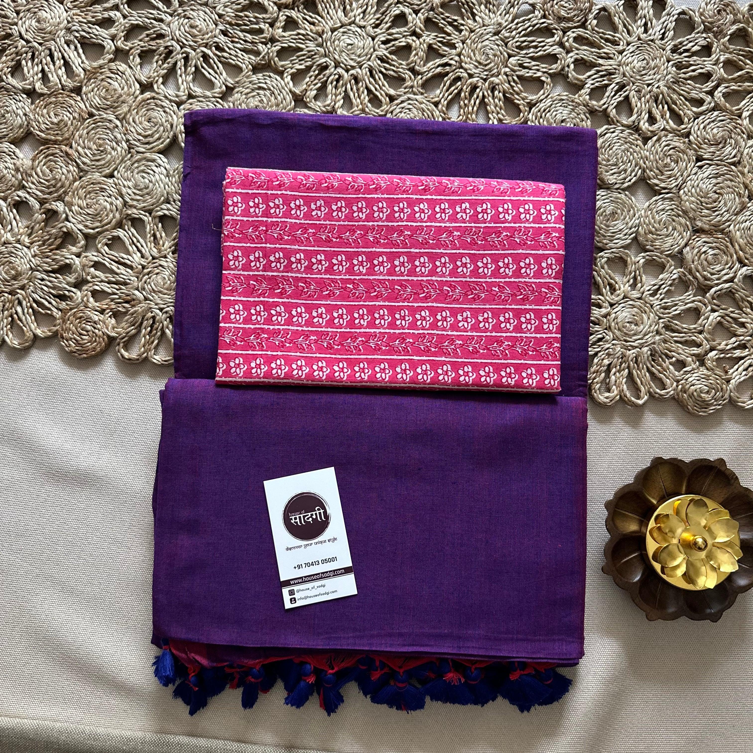 Purple Handloom Khadi Cotton Saree With Pink Printed Blouse - House Of Sadgi