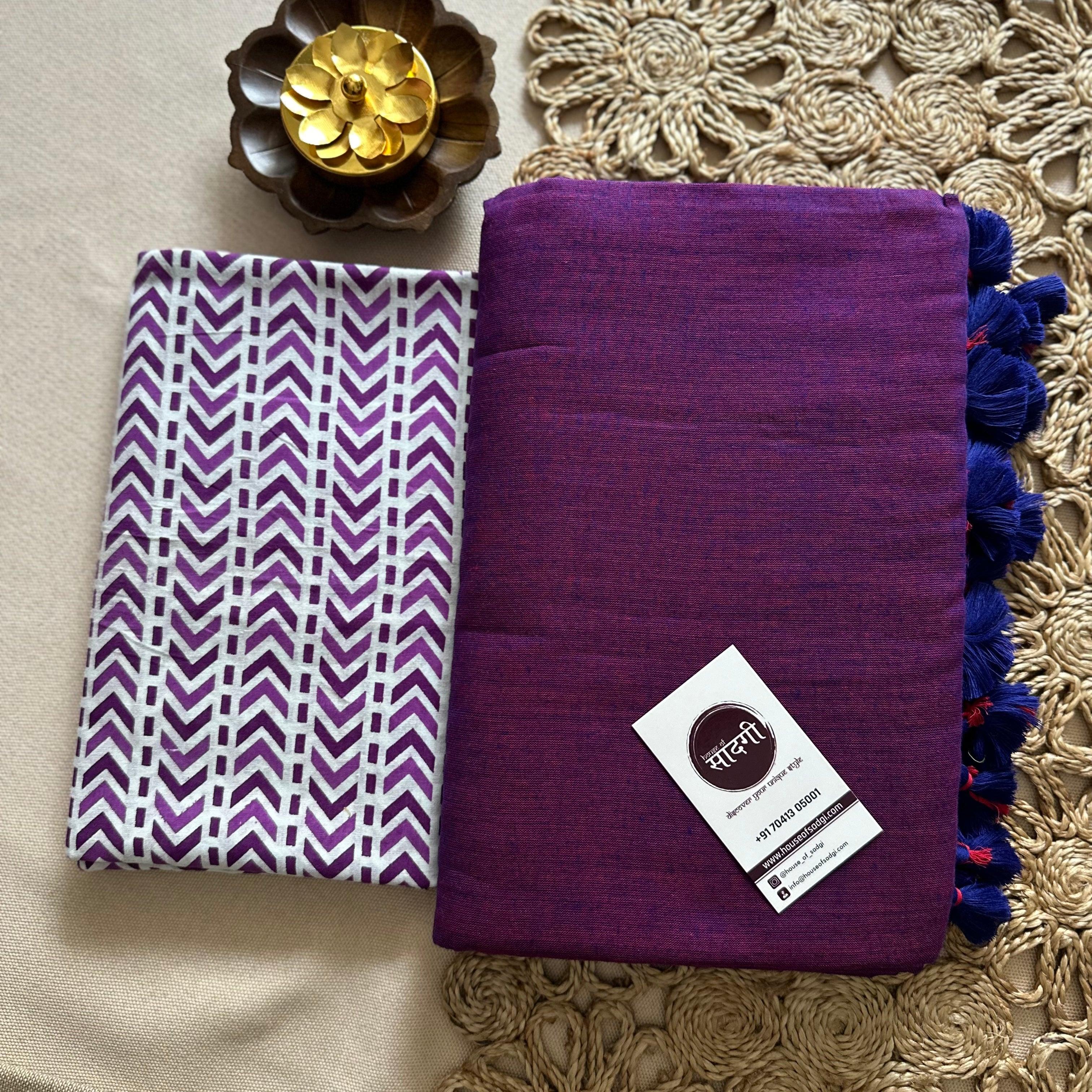 Purple Handloom Khadi Cotton Saree With Stripes Printed Blouse - House Of Sadgi