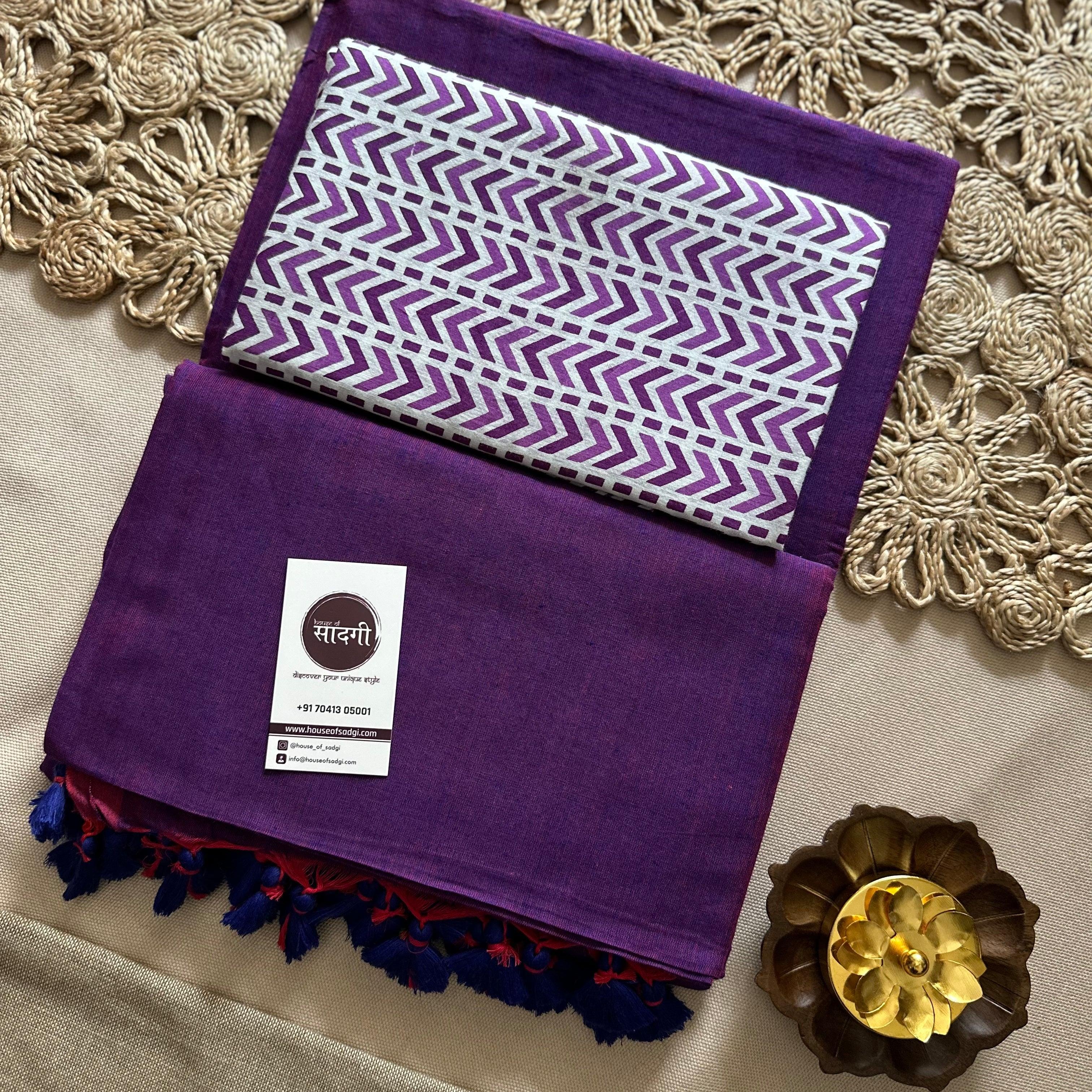 Purple Handloom Khadi Cotton Saree With Stripes Printed Blouse - House Of Sadgi