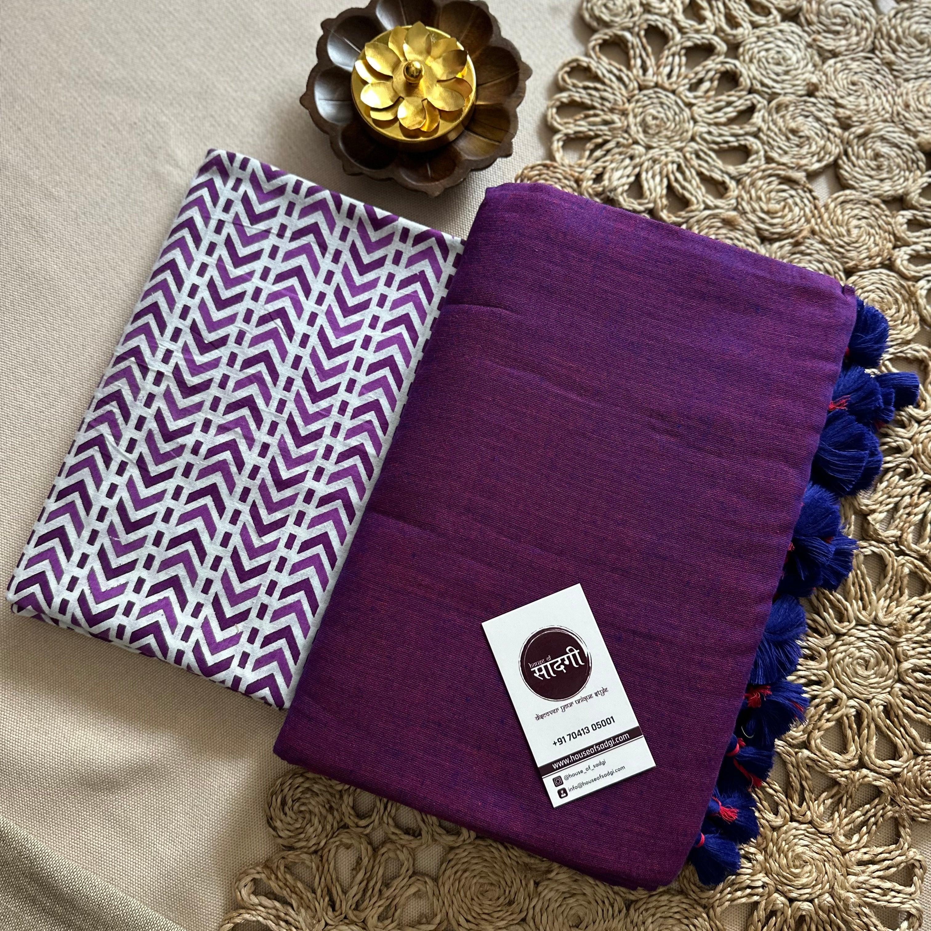 Purple Handloom Khadi Cotton Saree With Stripes Printed Blouse - House Of Sadgi