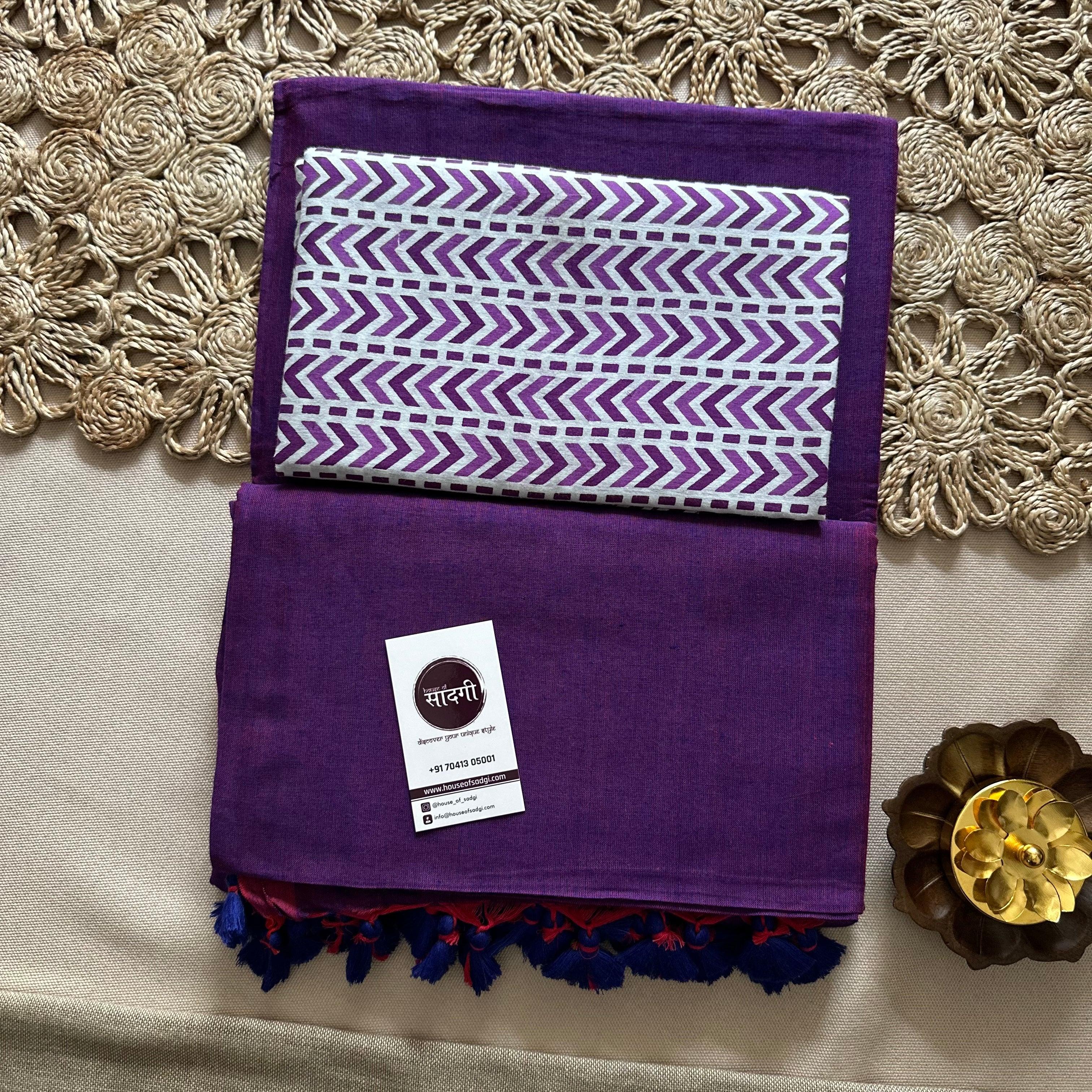 Purple Handloom Khadi Cotton Saree With Stripes Printed Blouse - House Of Sadgi