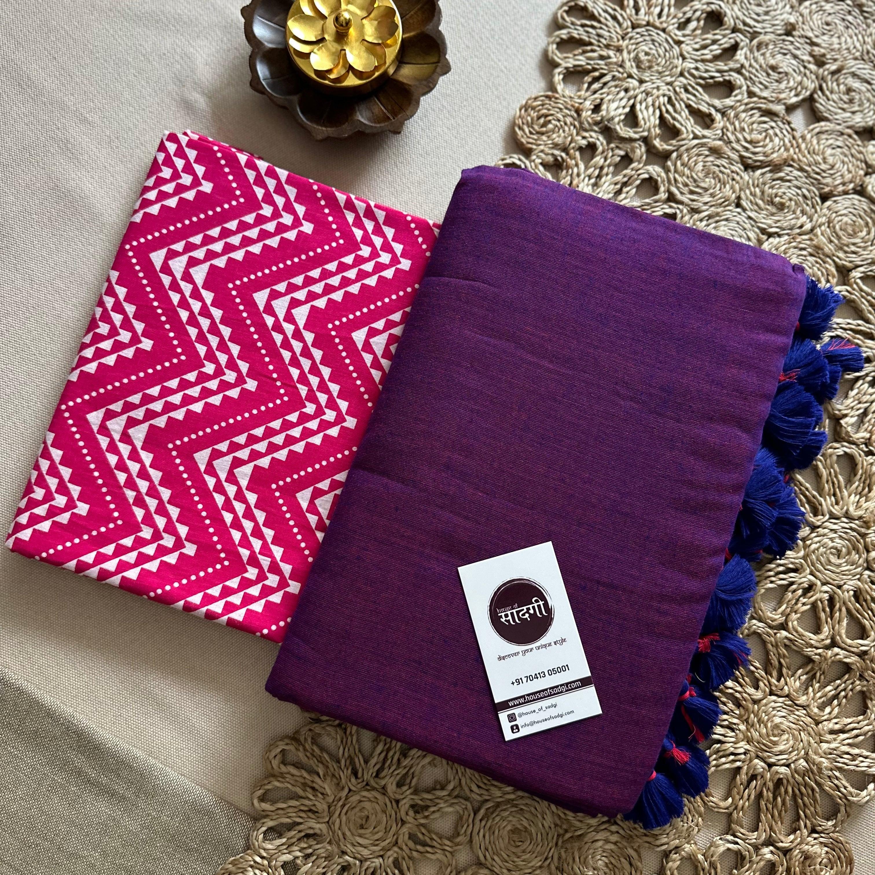 Purple Handloom Khadi Cotton Saree With Zig Zag Printed Blouse - House Of Sadgi