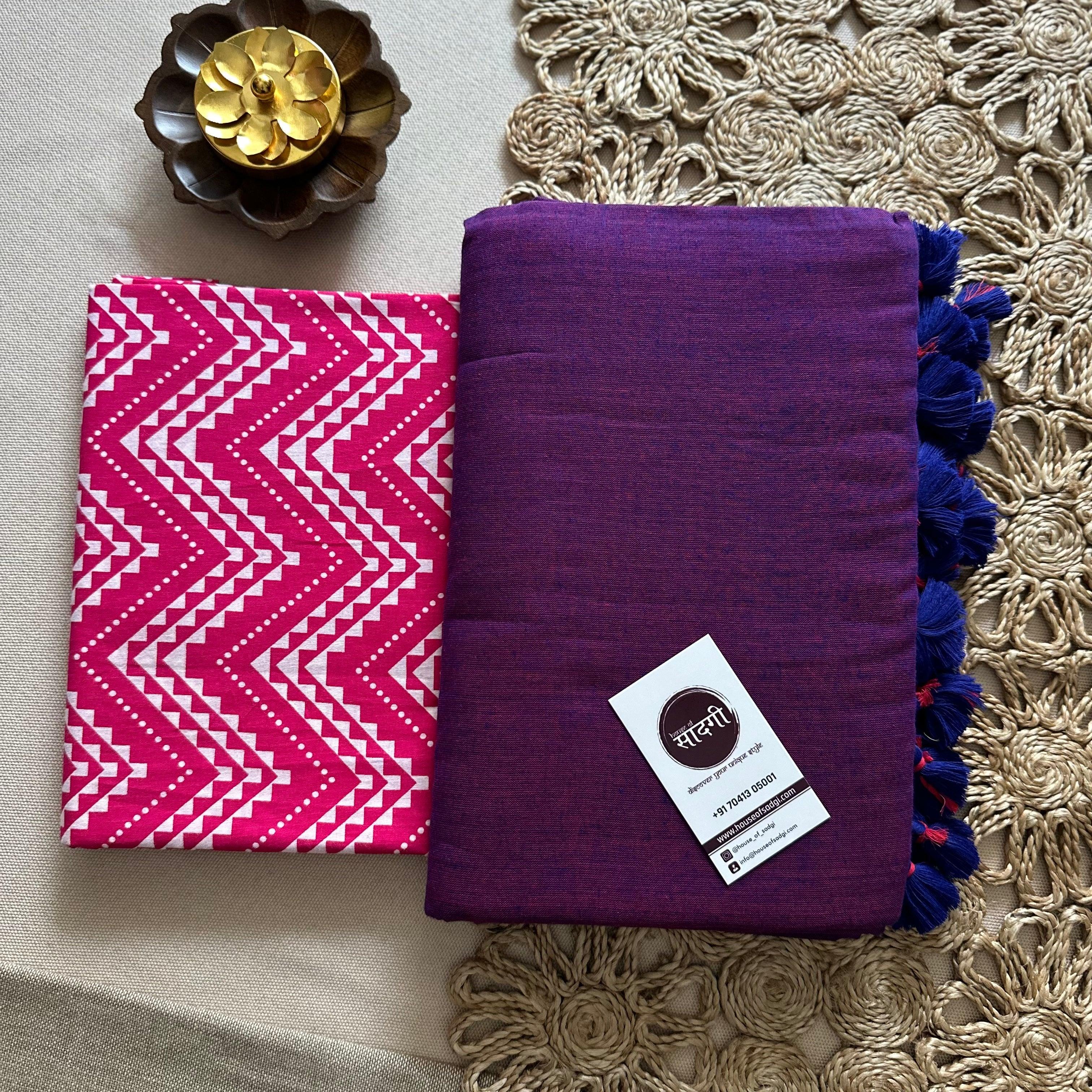 Purple Handloom Khadi Cotton Saree With Zig Zag Printed Blouse - House Of Sadgi