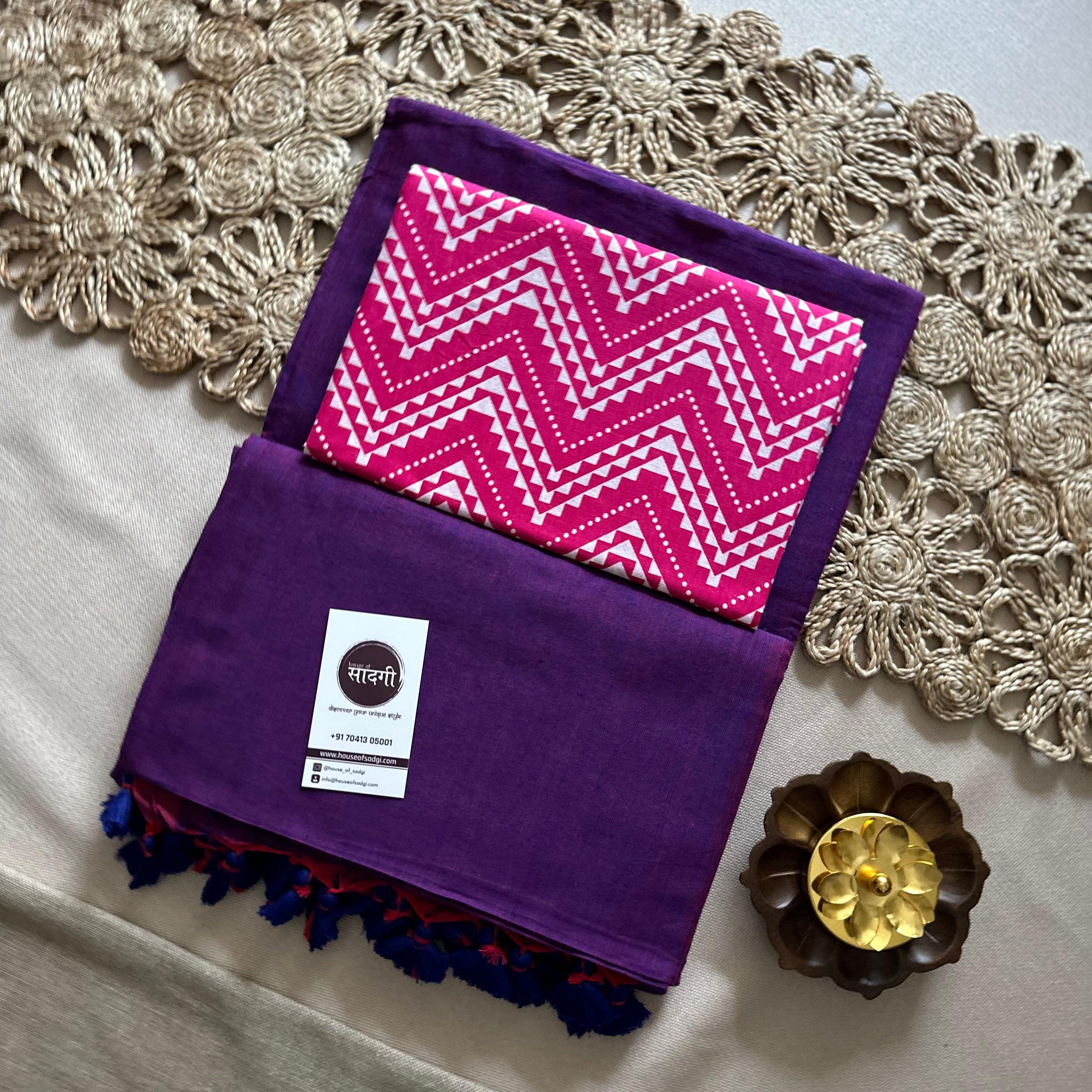 Purple Handloom Khadi Cotton Saree With Zig Zag Printed Blouse - House Of Sadgi