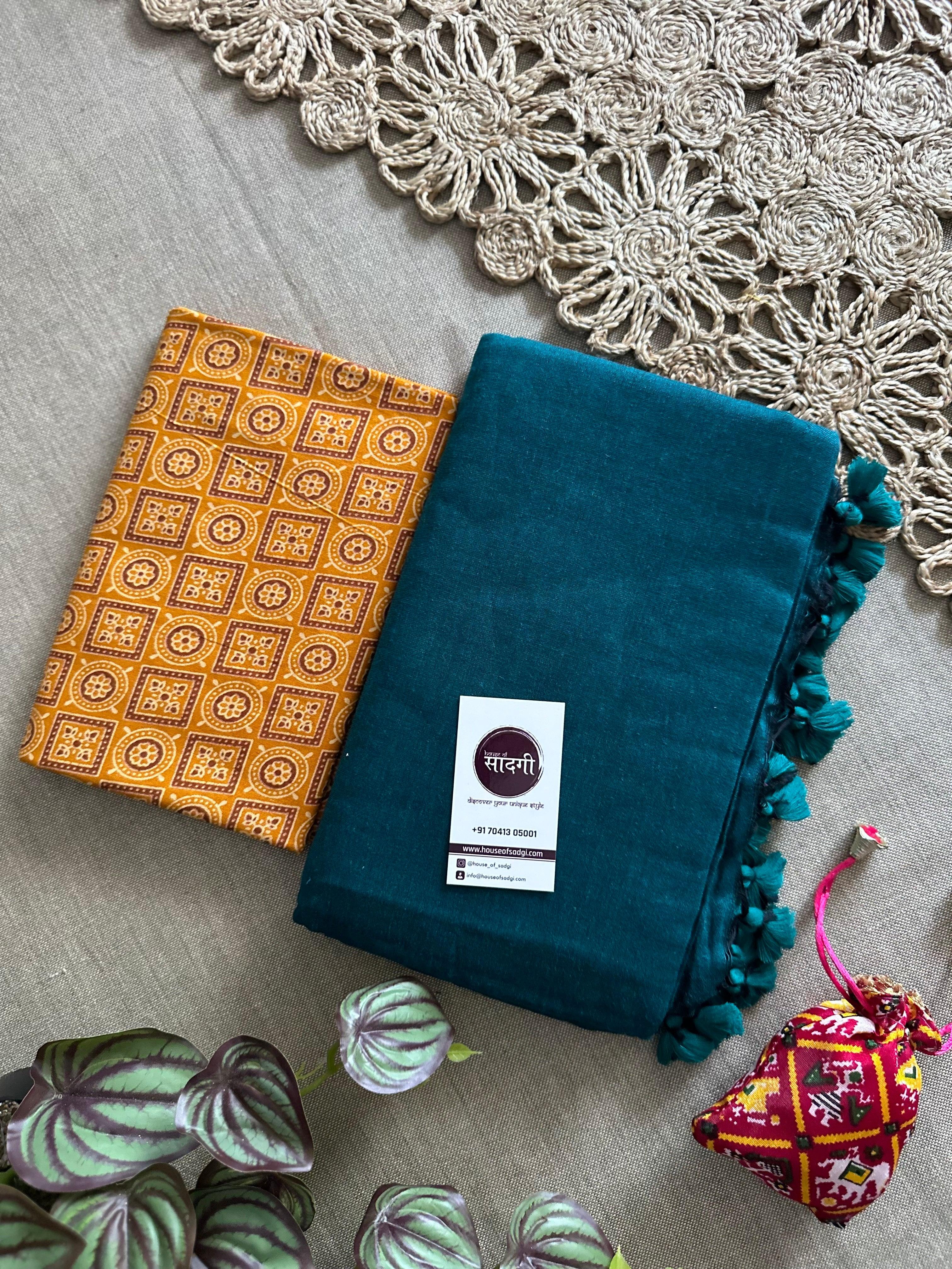 Rama Handloom Khadi Cotton Saree With Box Print Blouse - House Of Sadgi