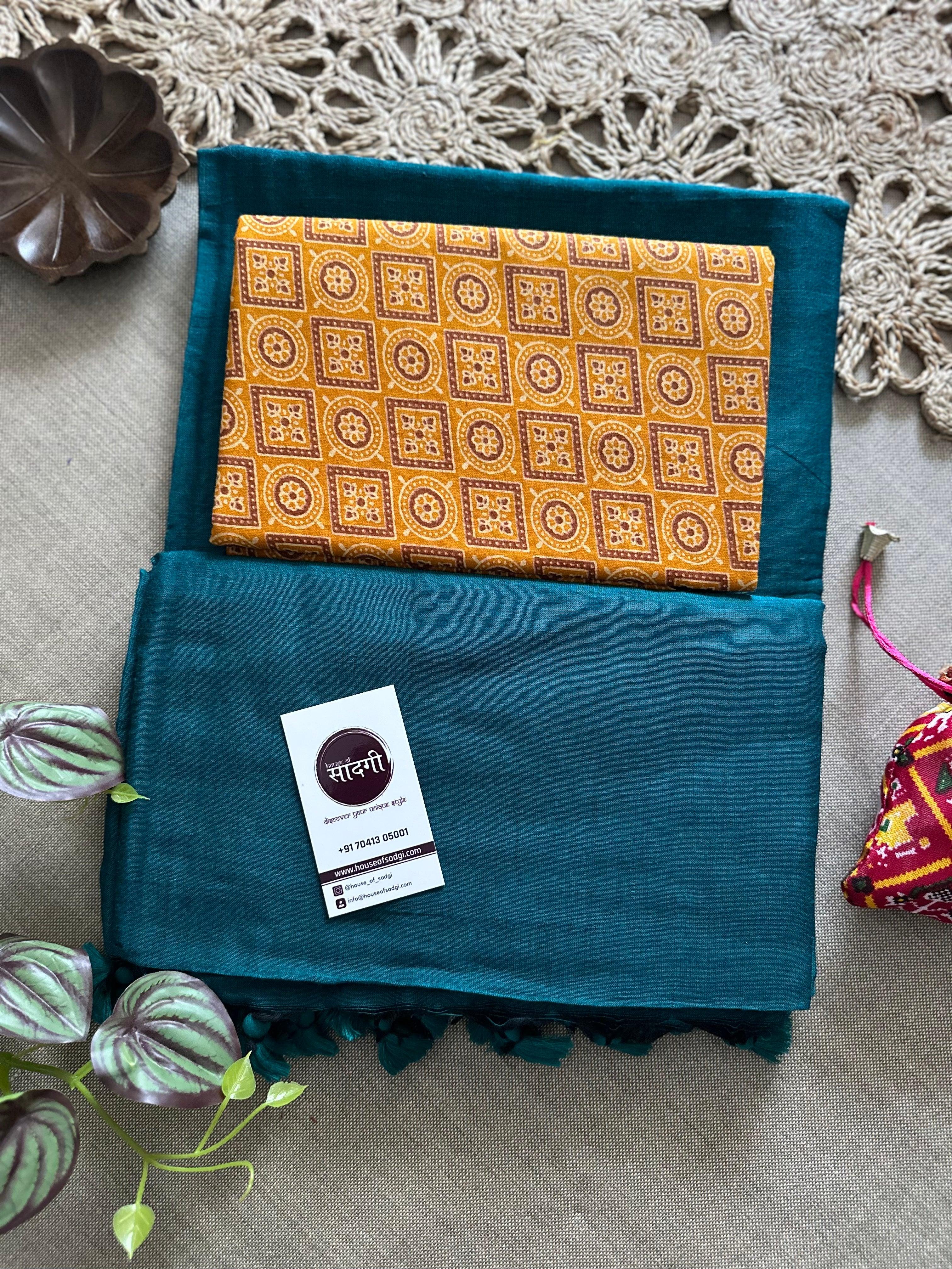 Rama Handloom Khadi Cotton Saree With Box Print Blouse - House Of Sadgi