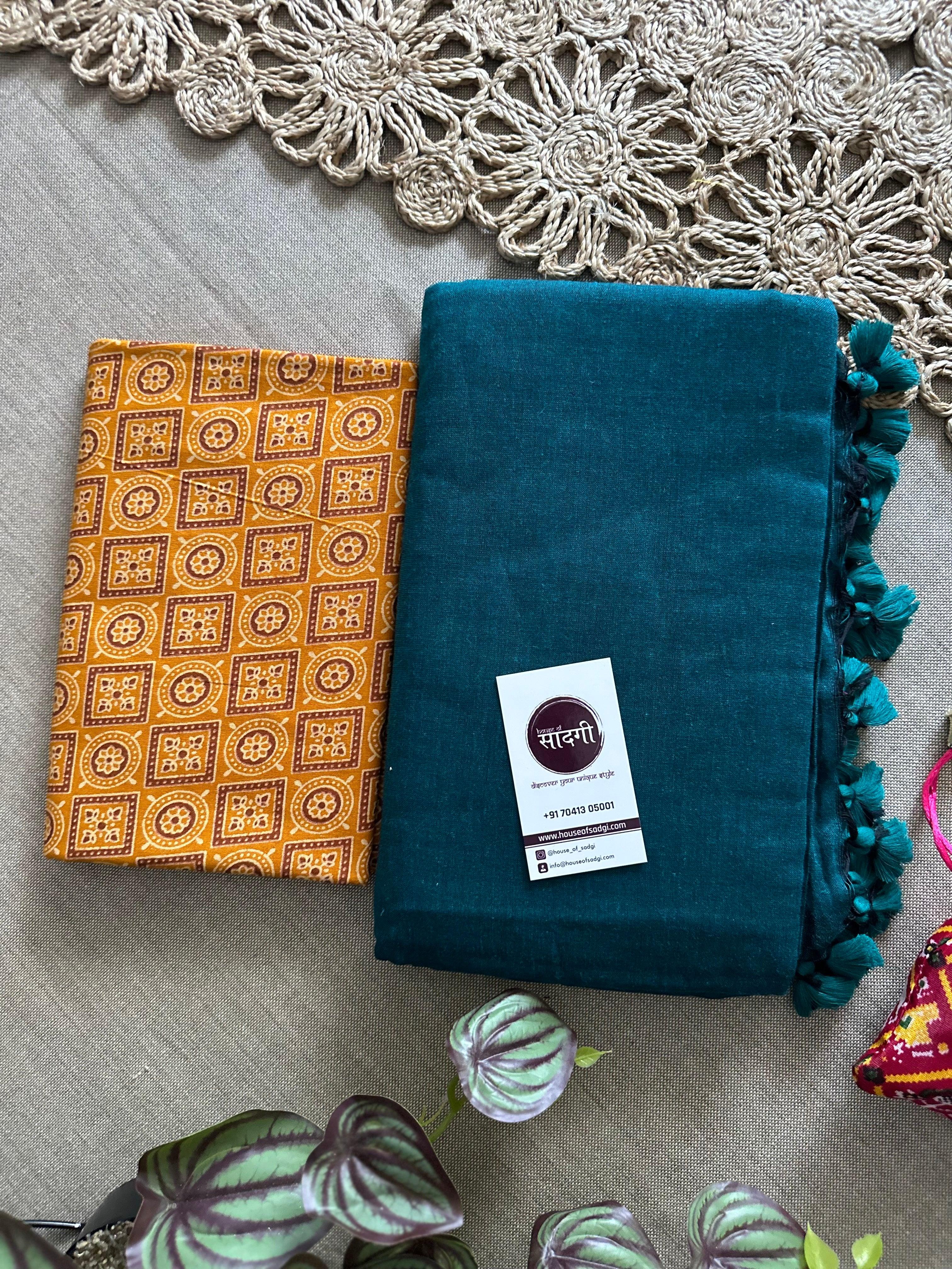 Rama Handloom Khadi Cotton Saree With Box Print Blouse - House Of Sadgi