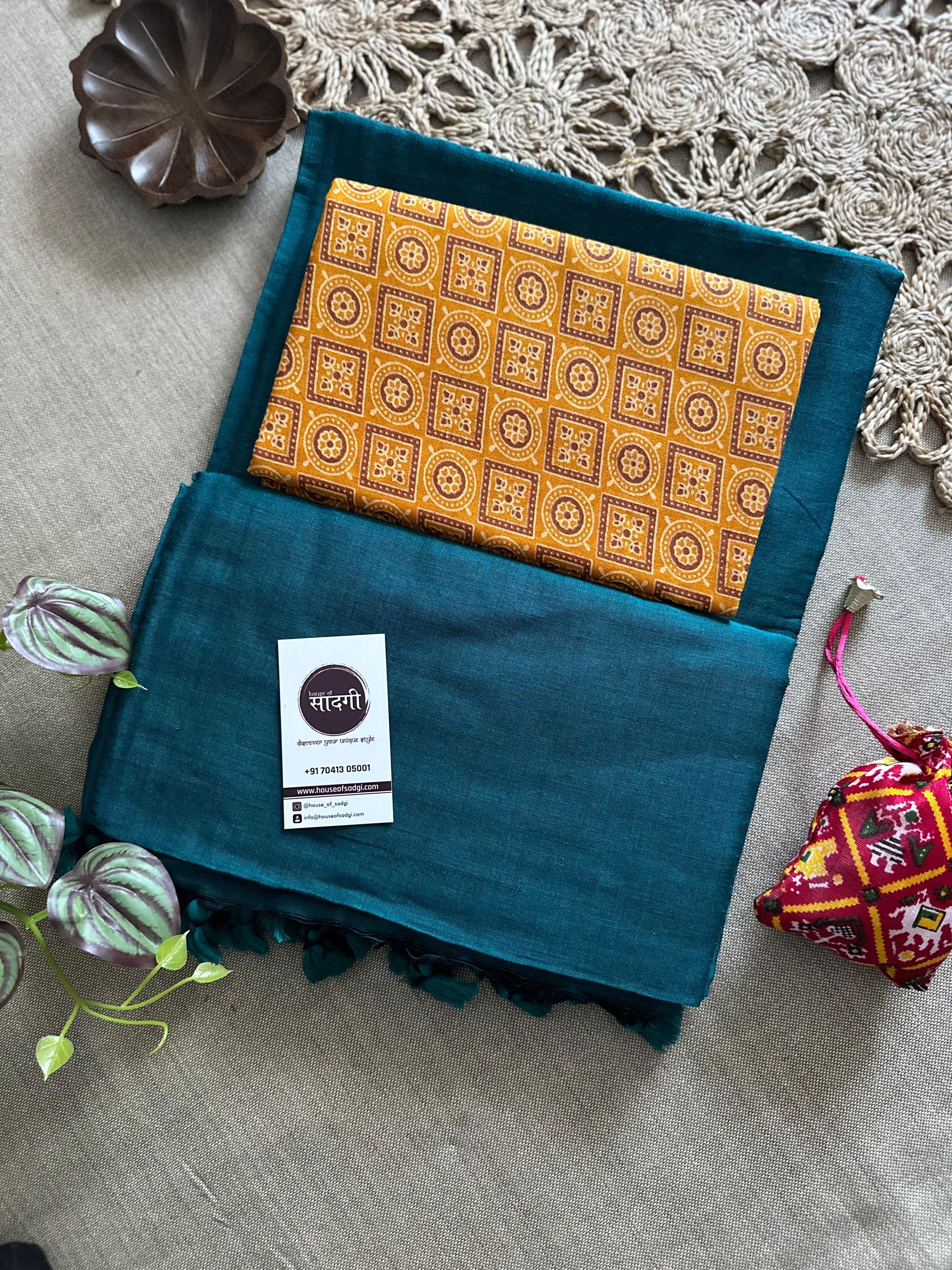 Rama Handloom Khadi Cotton Saree With Box Print Blouse - House Of Sadgi