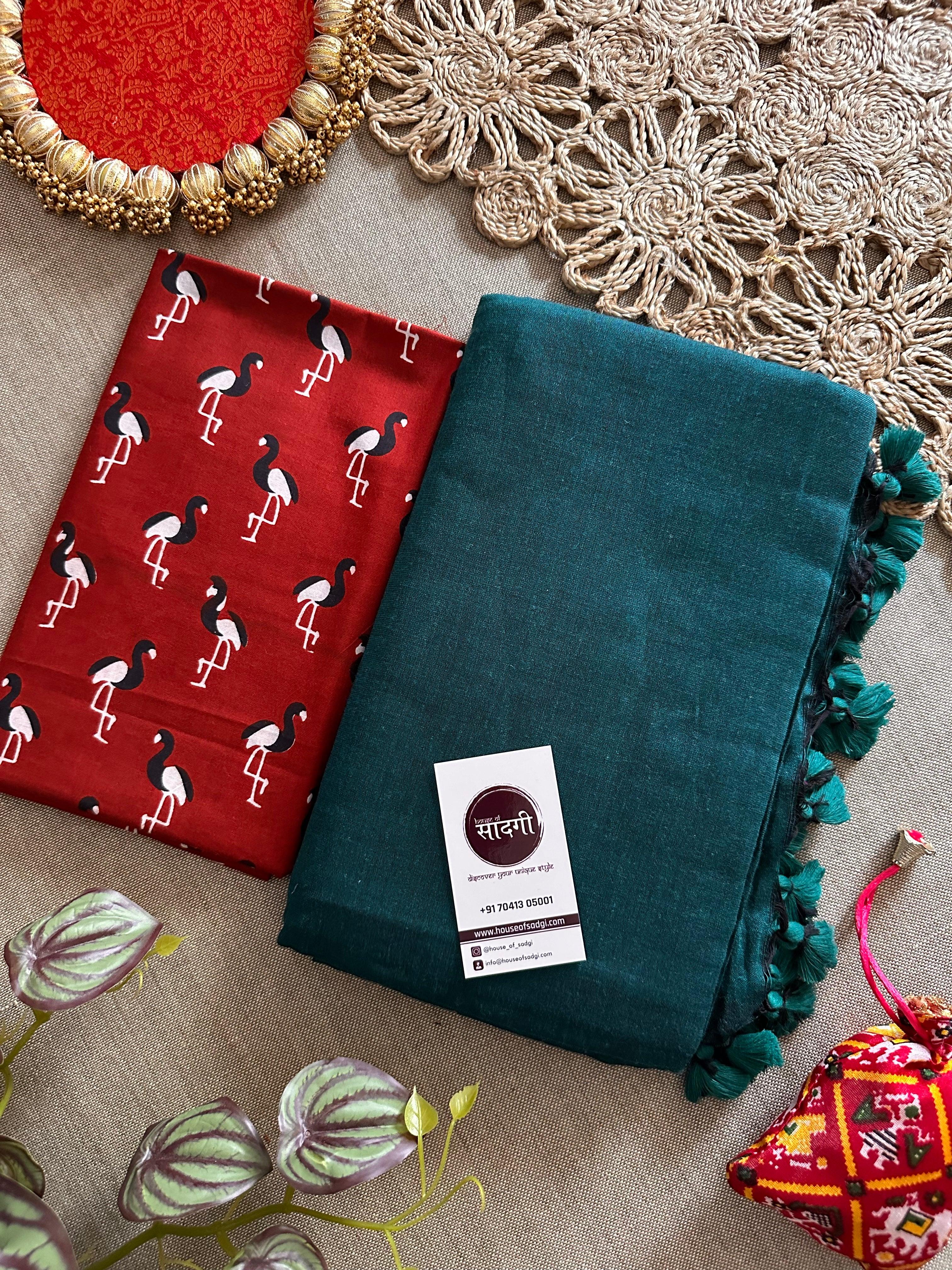 Rama Handloom Khadi Cotton Saree With Crane Print Blouse - House Of Sadgi